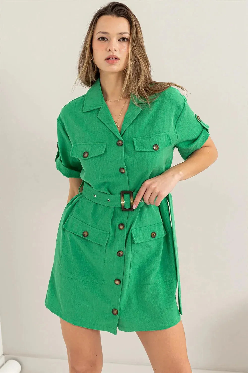 Vibrant Green Button Down Belted Safari Utility Mini Dress Vibrant Green Button Down Belted Safari Utility Mini Dress