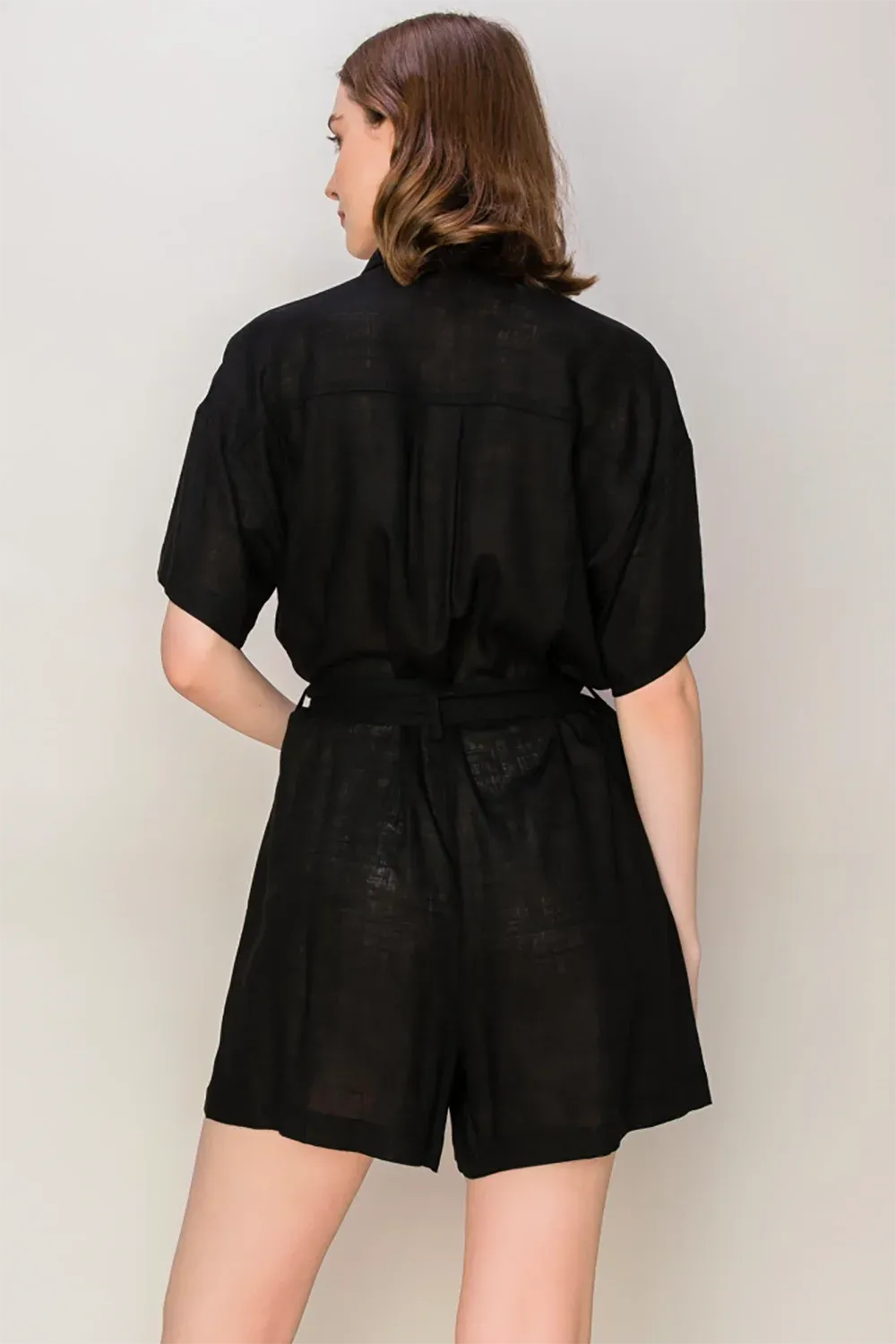 Linen Blend Button-Up Short Sleeve Belted Utility Romper - Tasha Apparel Wholesale