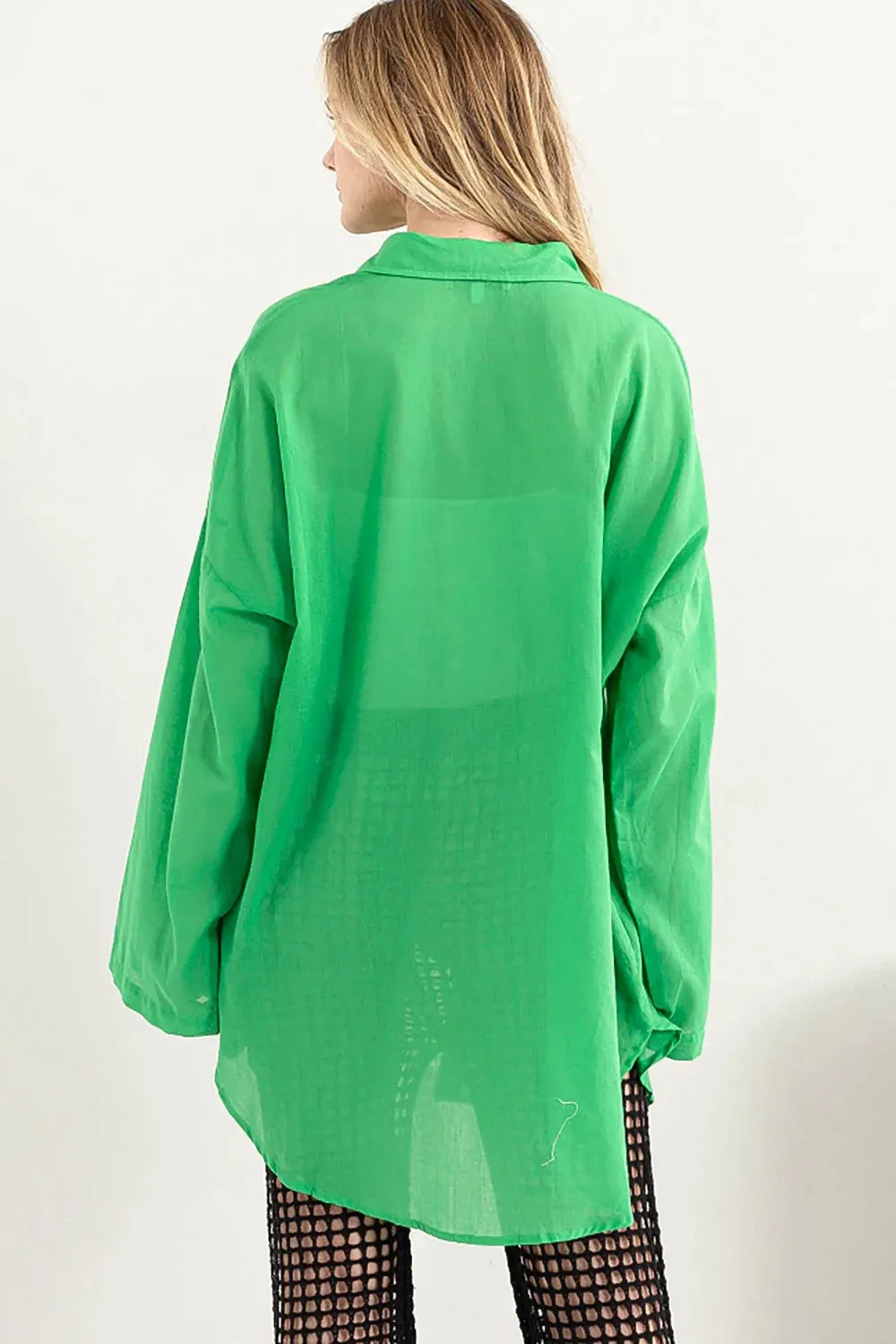 Vibrant Green Balloon Sleeves Oversized Button Down Sheer Shirt - Tasha Apparel Wholesale