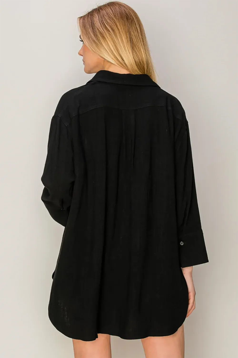 Relaxed Fit Linen Blend V-Neck Long Sleeve Blouse Shirt - Tasha Apparel Wholesale