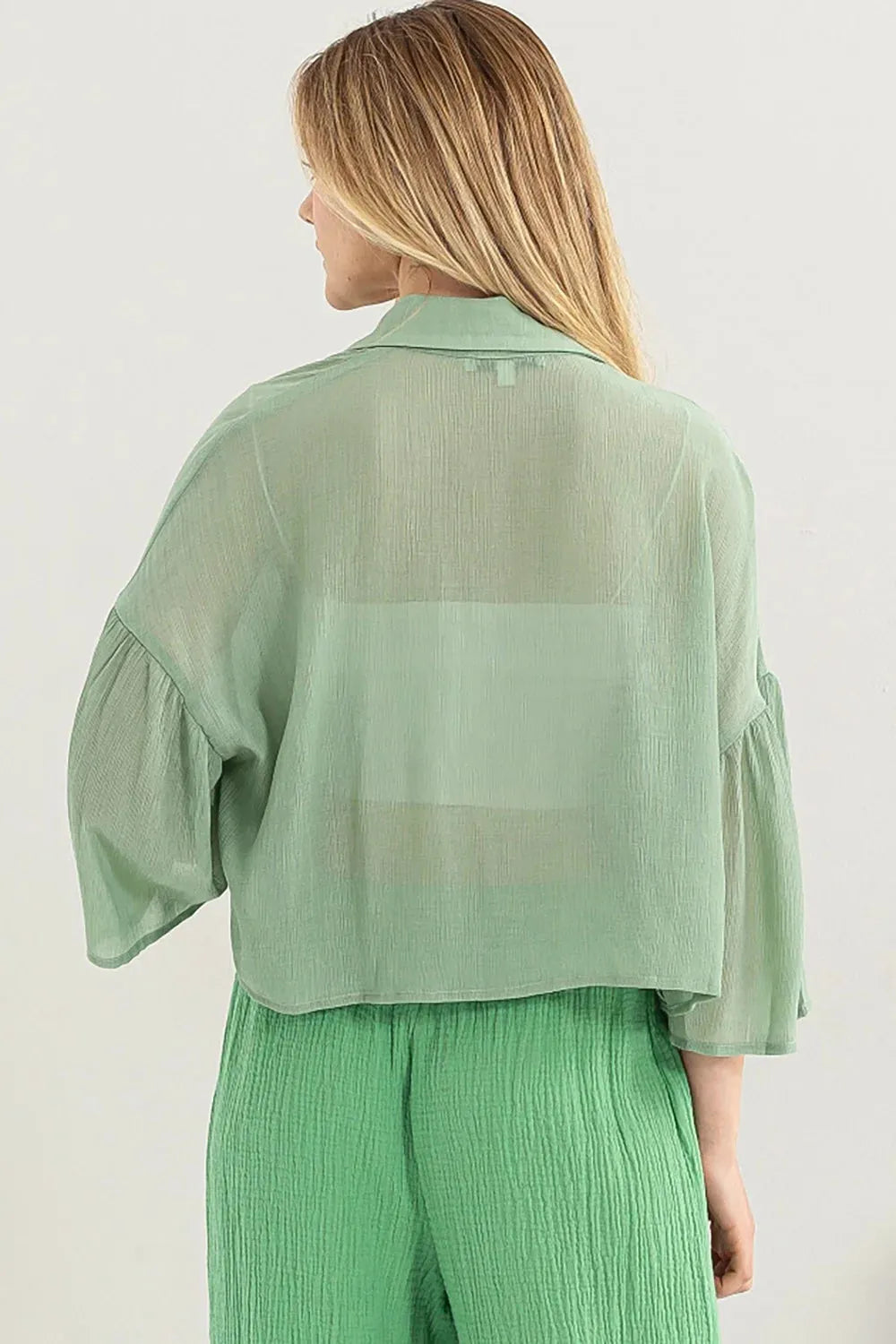 Semi Sheer Lightweight Texture Button Down Balloon Sleeves Crop Shirt - Tasha Apparel Wholesale