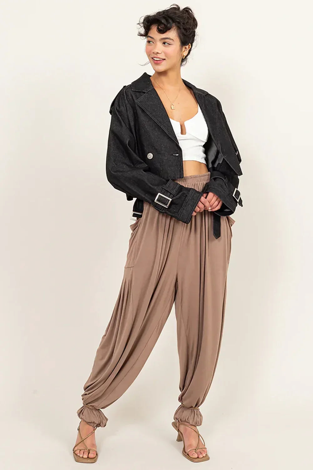 Timeless Buckle Cropped Cotton Denim Moto Trench Jacket - Tasha Apparel Wholesale