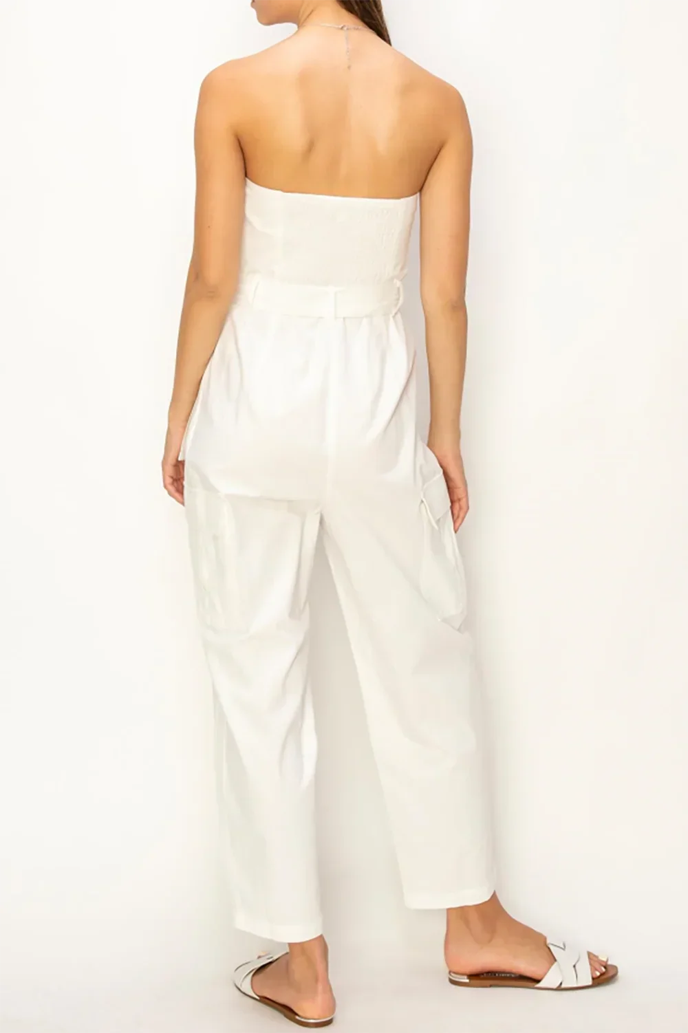 Cotton Luxury Smocked Back Pocket Belted Strapless Cargo Jumpsuit - Tasha Apparel Wholesale