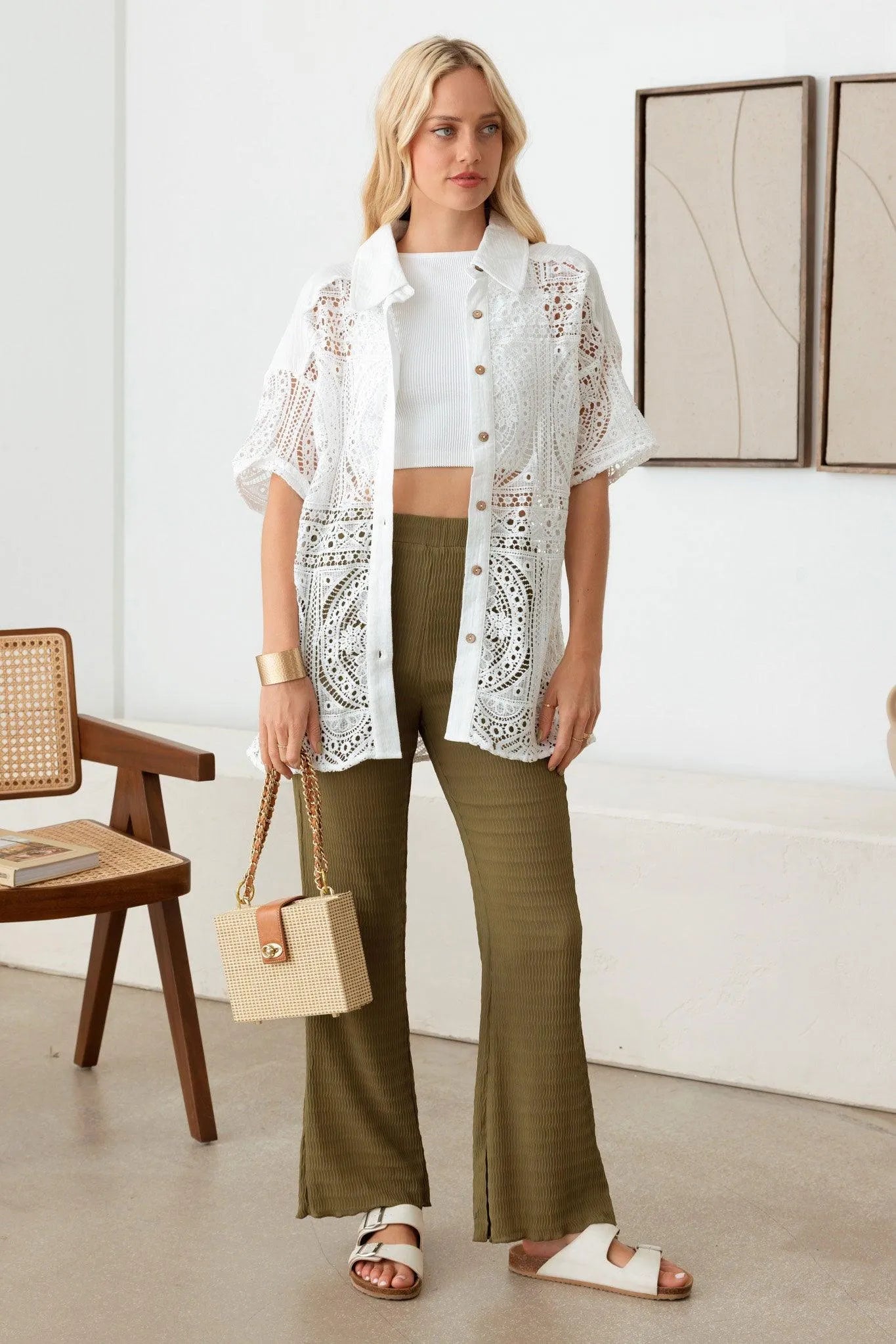 Floral Lace Button Down Short Sleeve Shirt - Tasha Apparel Wholesale
