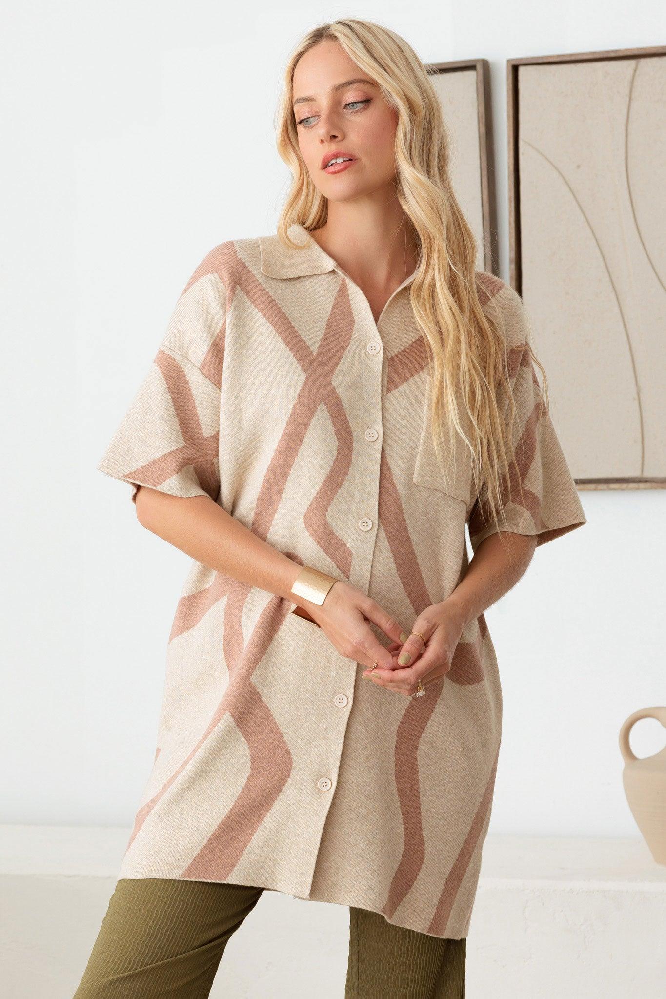 Abstract  Collared Button Down Sweater Dress