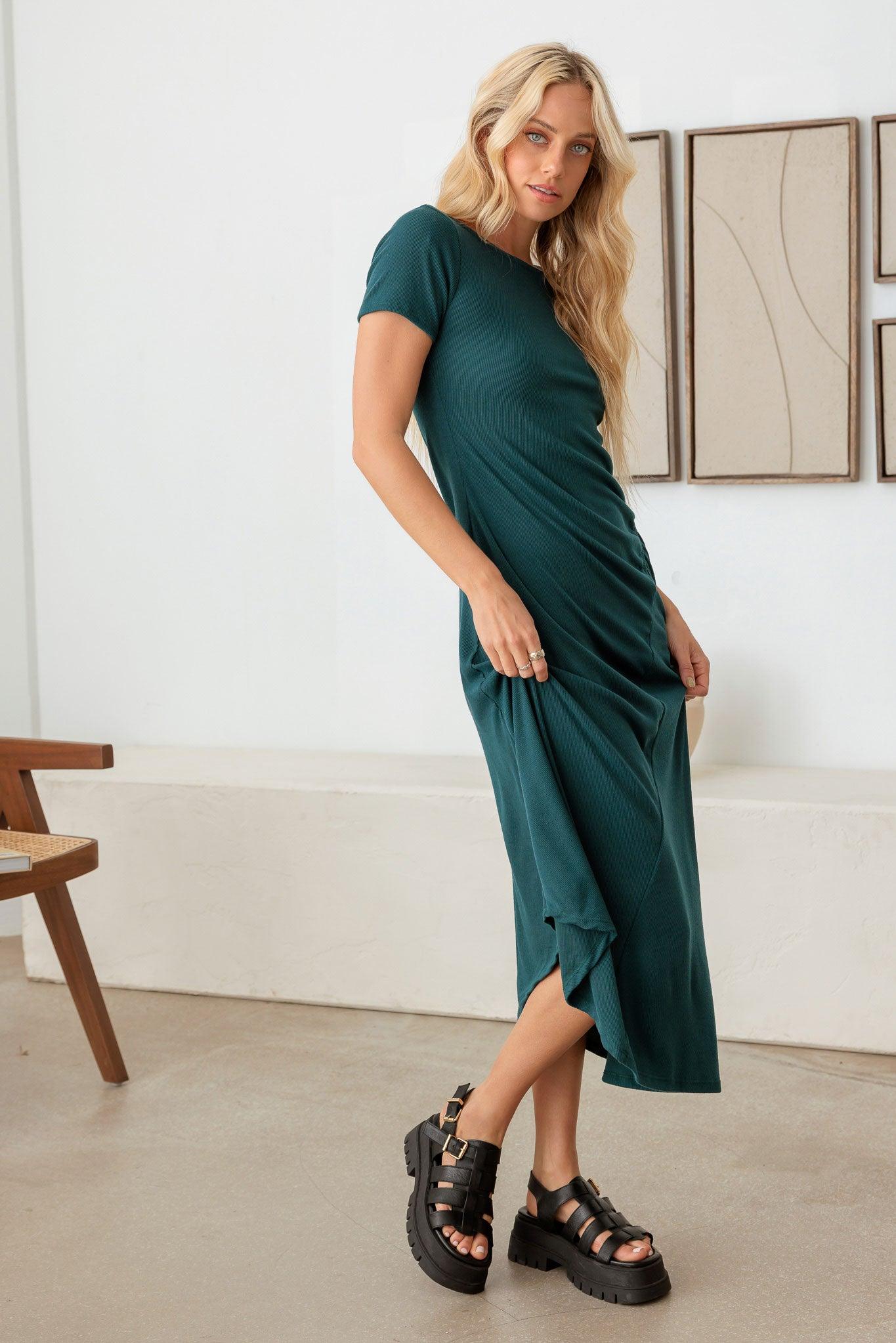 Elastic Ruching Asymmetrical Bottom Maxi Dress - Tasha Apparel Wholesale