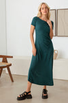 Short Sleeve Elastic Ruching Asymmetrical Bottom Maxi Dress