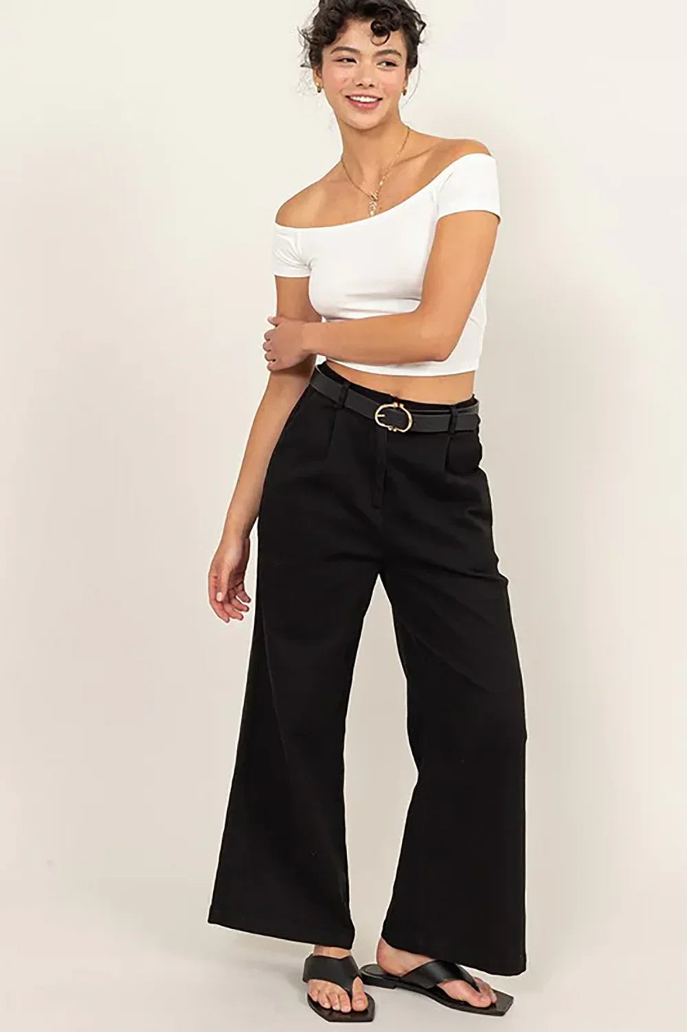 Every Day High Waist Wide Leg Elastic Back White Denim Jeans - Tasha Apparel Wholesale