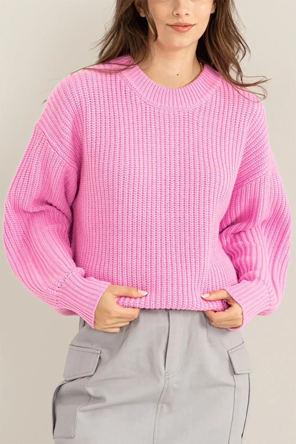 Oversize High Neck Chunky Pink Sweater - Tasha Apparel Wholesale