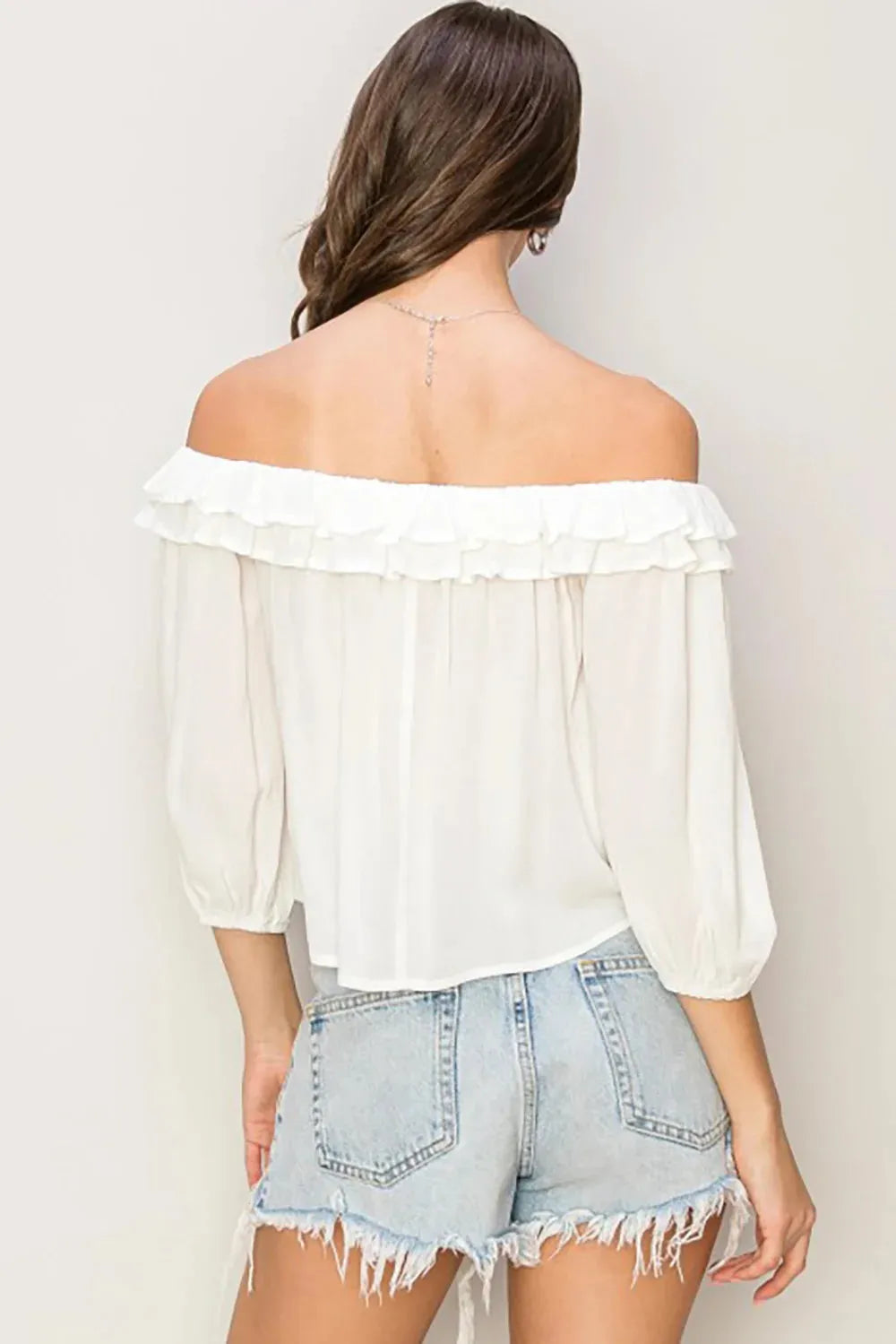 Ruffle Trim Off Shoulder Balloon Sleeve Lightweight Summer Top - Tasha Apparel Wholesale