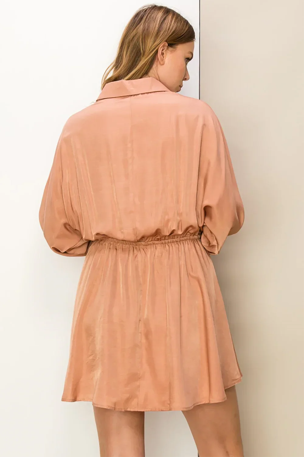 Elegant Balloon Sleeve Button Down Drawstring Waist Mini Dress - Tasha Apparel Wholesale