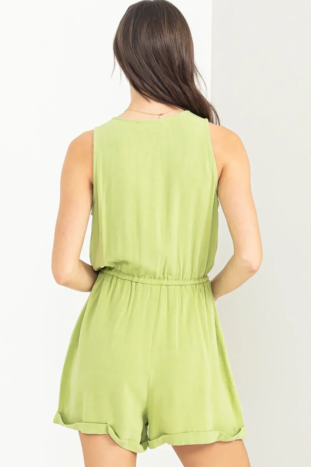 Linen Button Front V-Neck Drawstring Waist Summer Romper - Tasha Apparel Wholesale