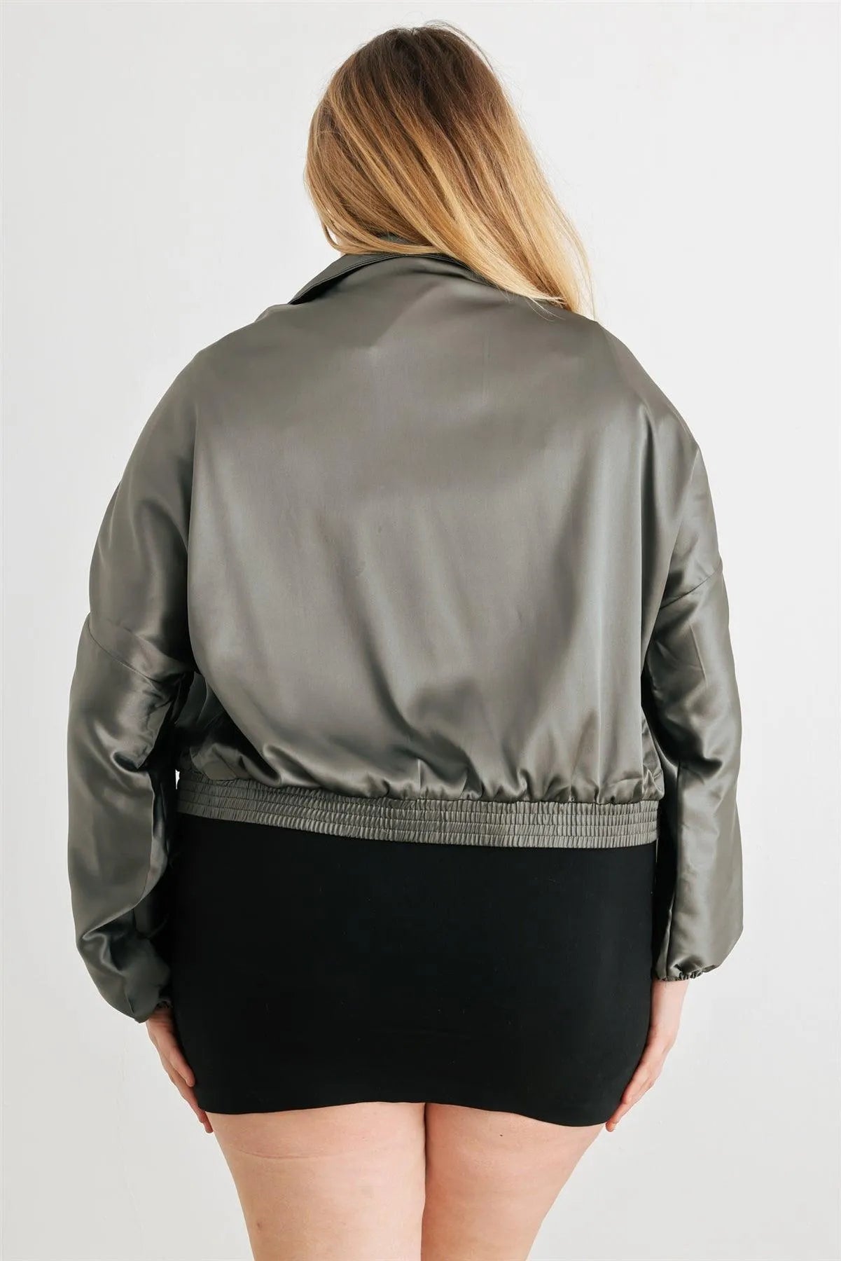 Junior Plus Satin Ruched Cropped Bomber Jacket - Tasha Apparel Wholesale