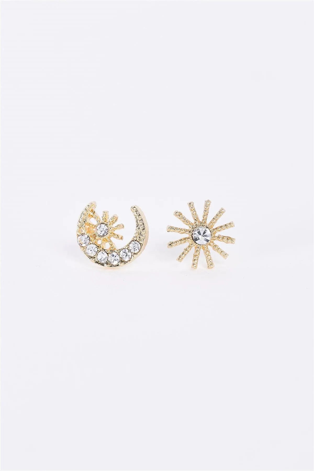 Gold Moon & Star Faux Gems Incrusted Stud Earrings - Tasha Apparel Wholesale