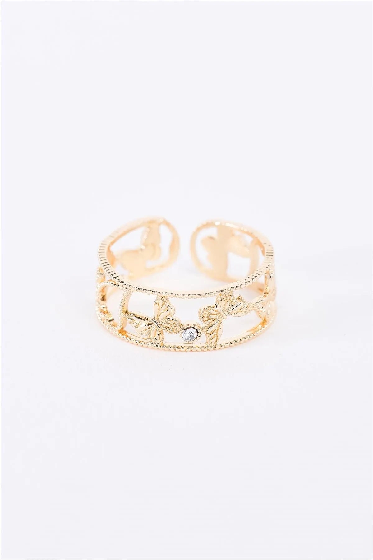 Gold Heart Butterfly Carving Clear Gemstone Ring - Tasha Apparel Wholesale