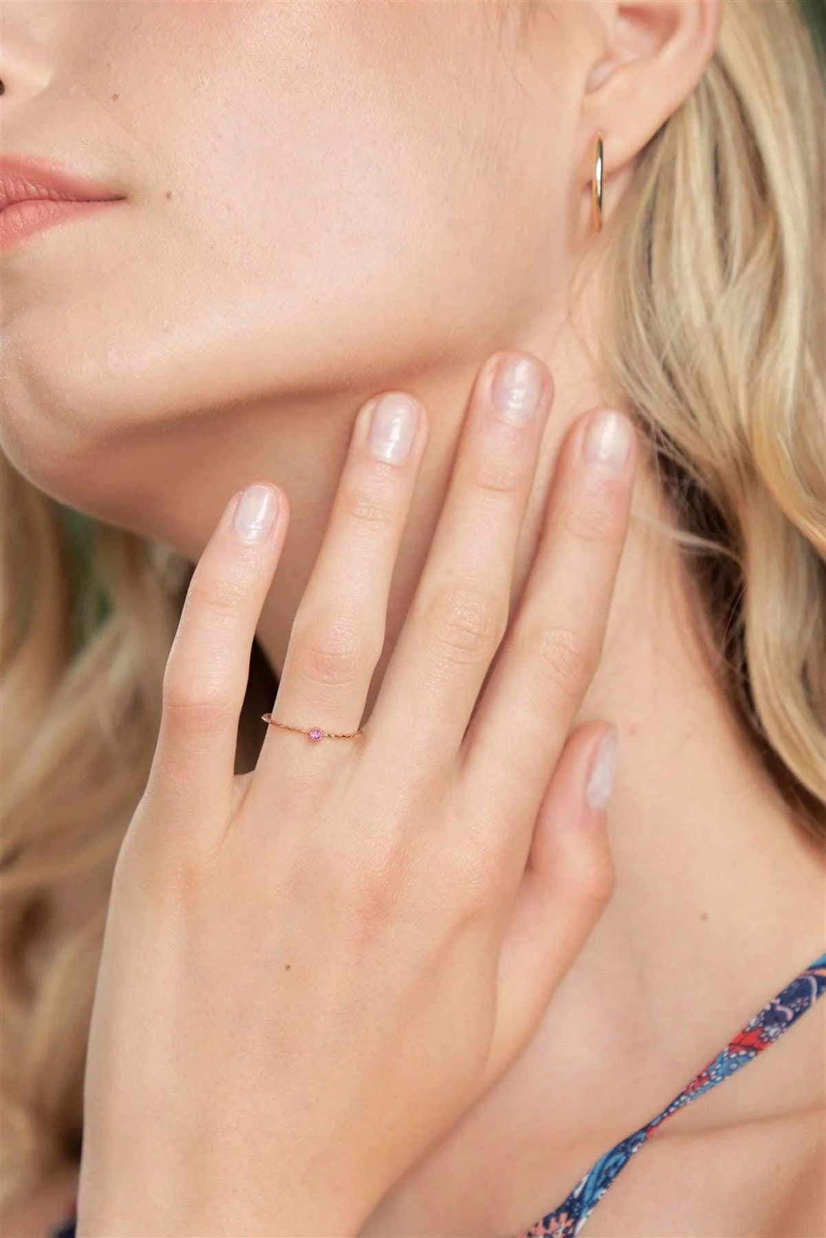 Gold Delicate Chain Link Pink Gemstone 2 Ring Set - Tasha Apparel Wholesale