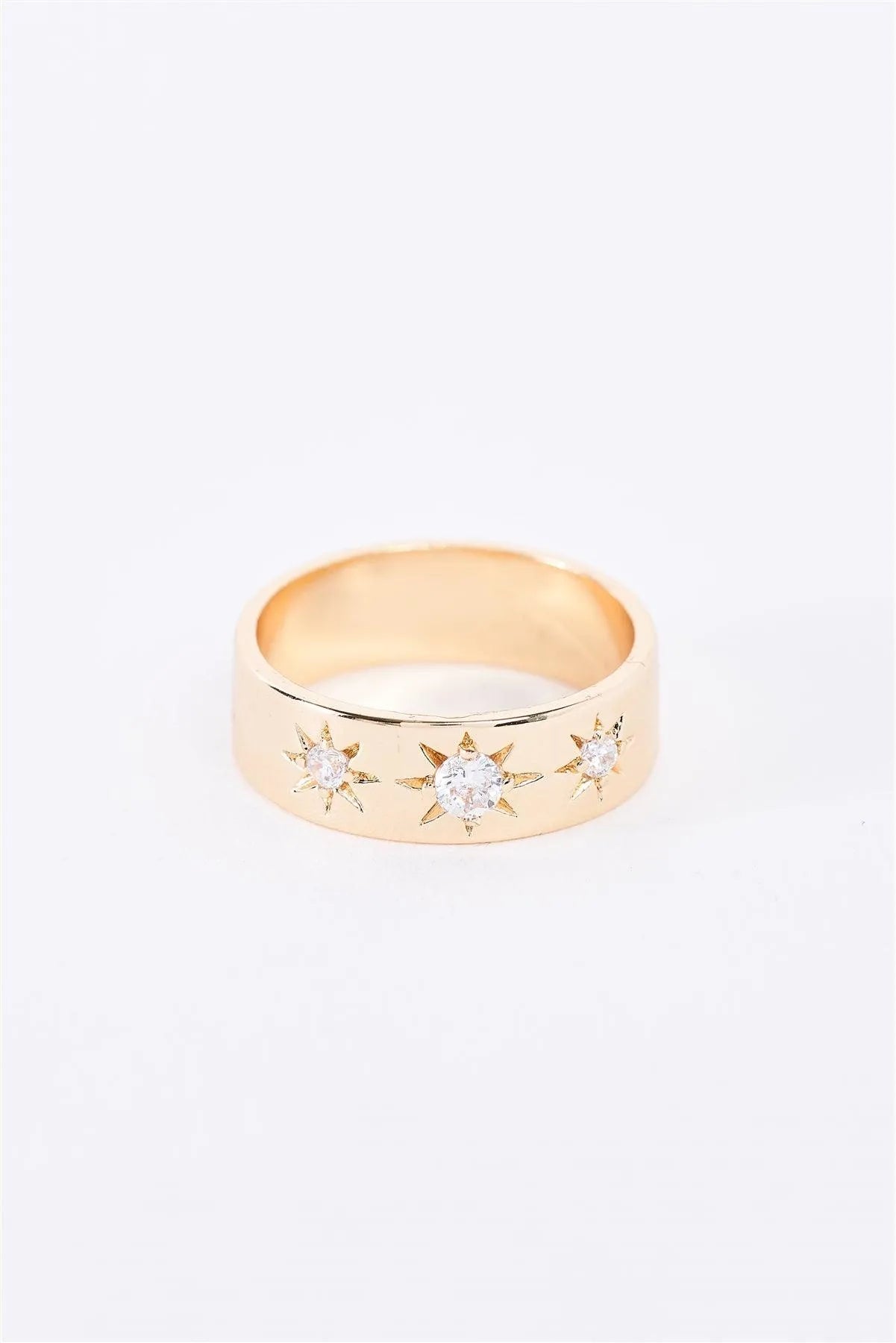 Gold Brass Star Carved Faux Diamonds Incrusted Wide Ring - Tasha Apparel Wholesale