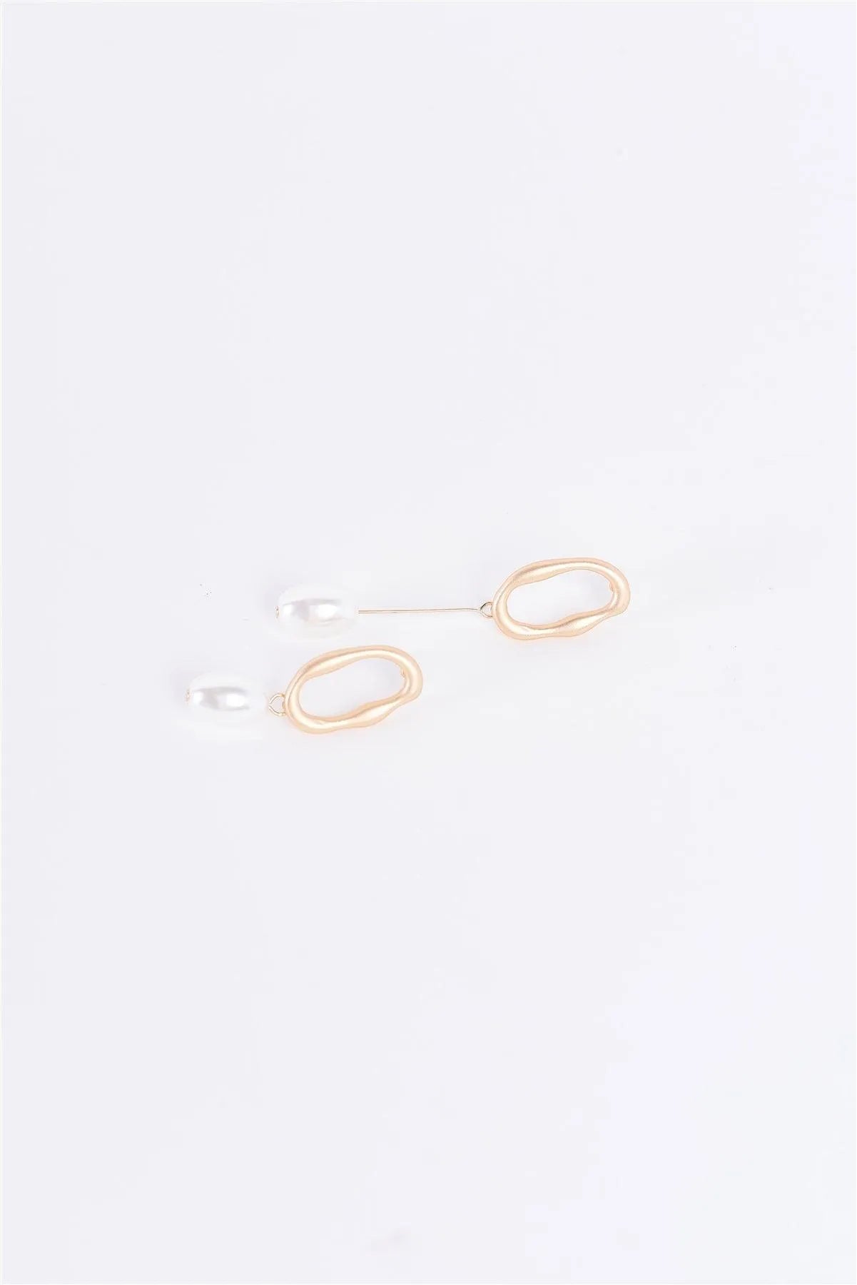Matte Gold Oval Asymmetrical Pearl Drop Earrings - Tasha Apparel Wholesale