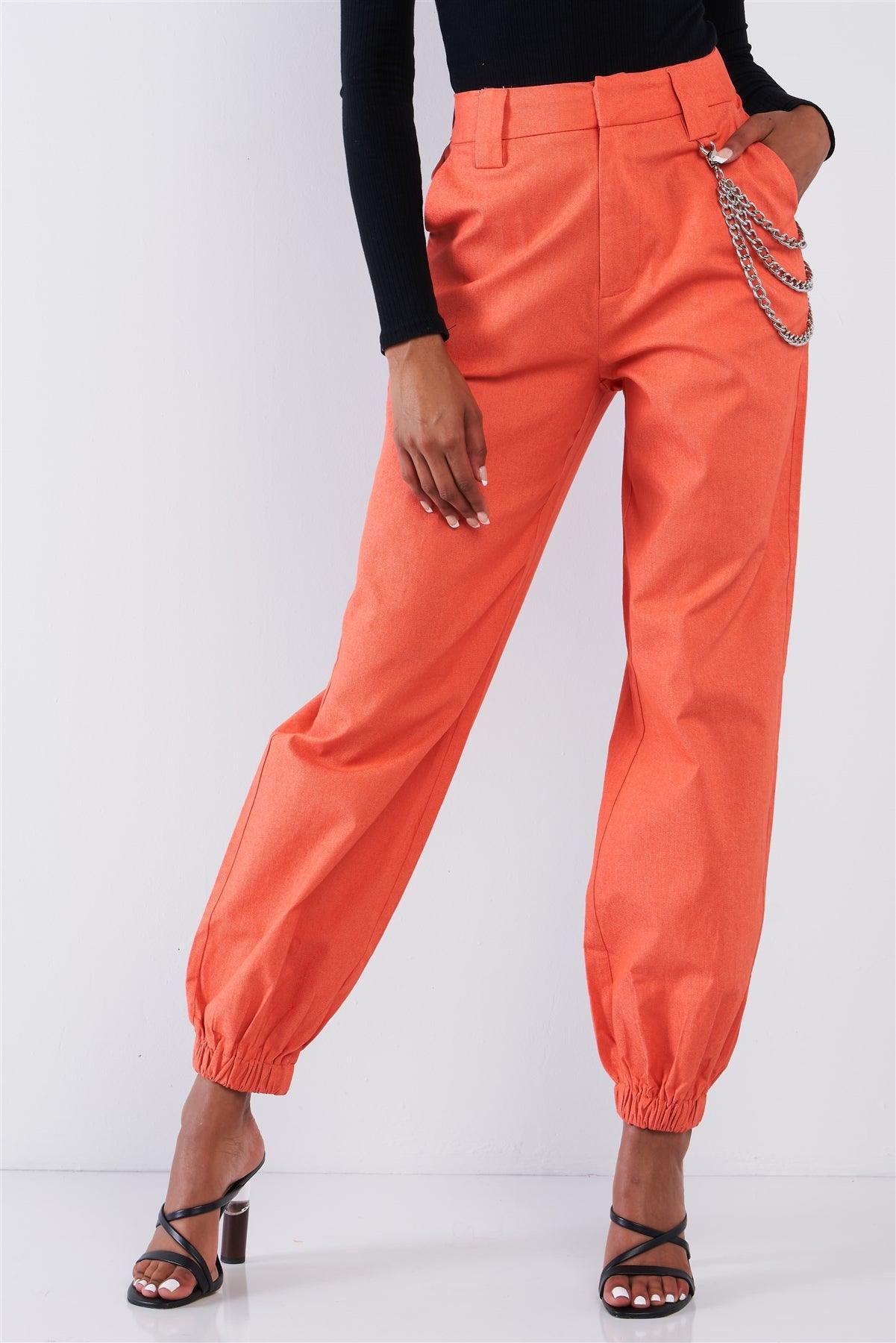 Solid Orange Parachute Cargo Jogger Pants With Chain Hardware Detail