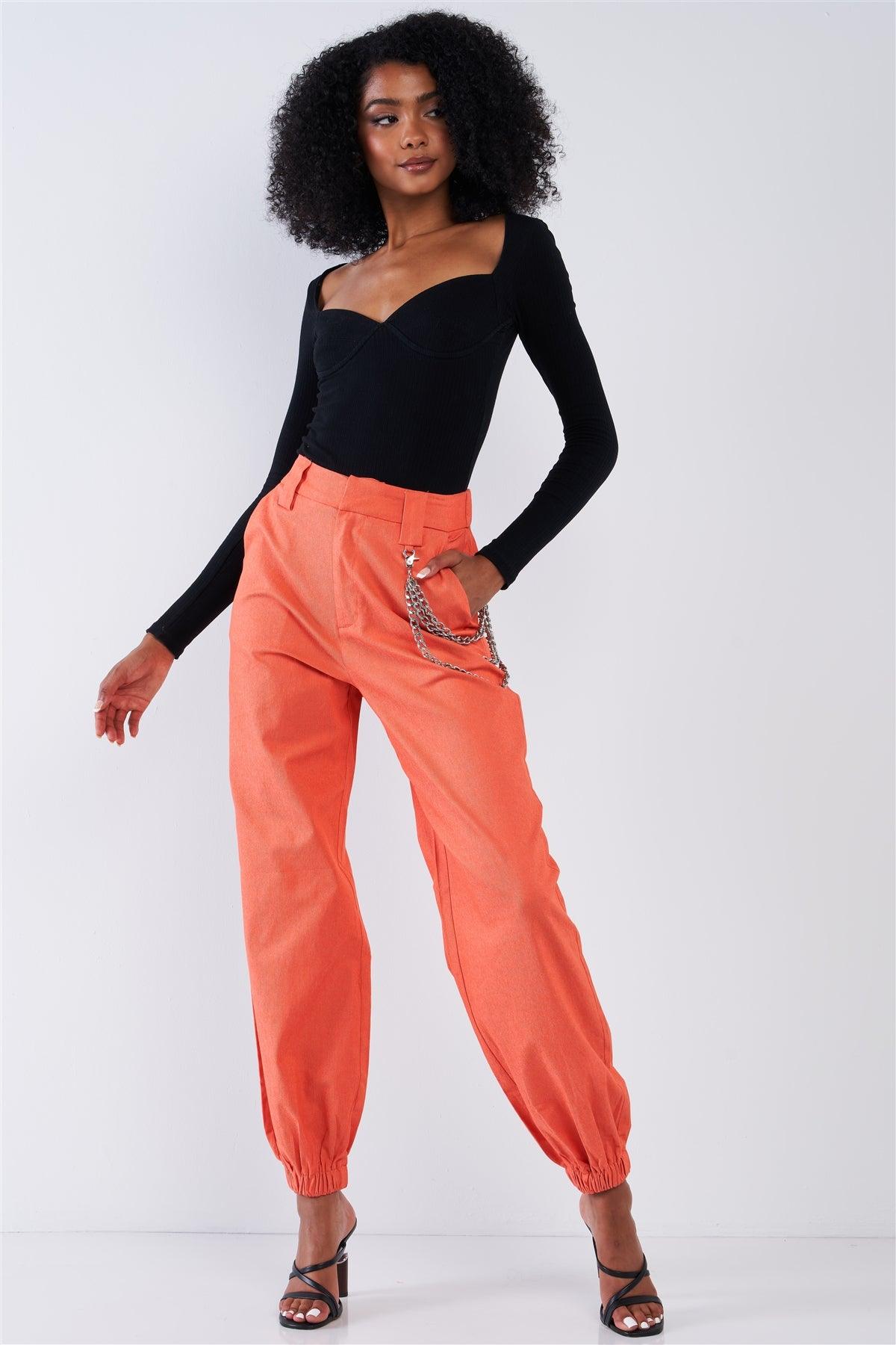 Solid Orange Parachute Cargo Jogger Pants With Chain Hardware Detail
