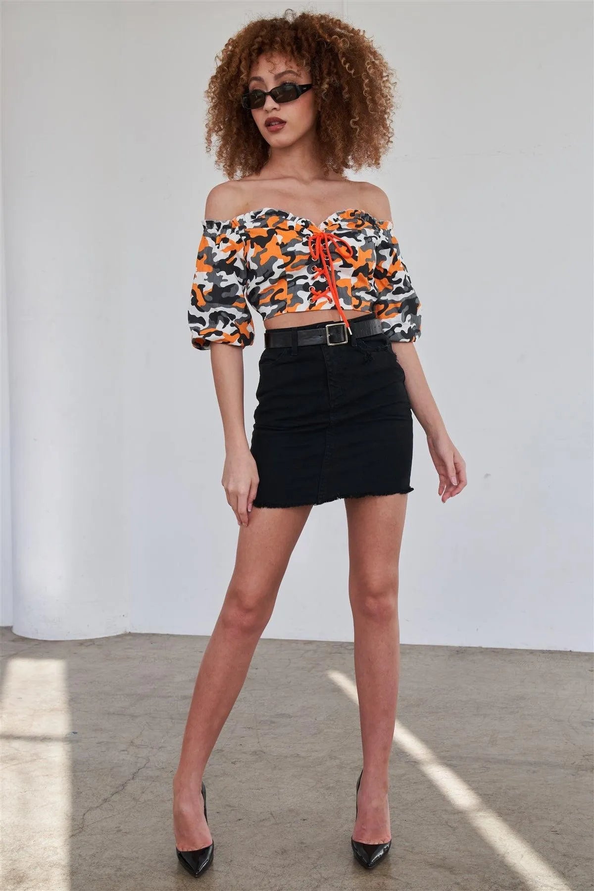 Orange Camo Off The Shoulder Puff Sleeve Crop Top - Tasha Apparel Wholesale