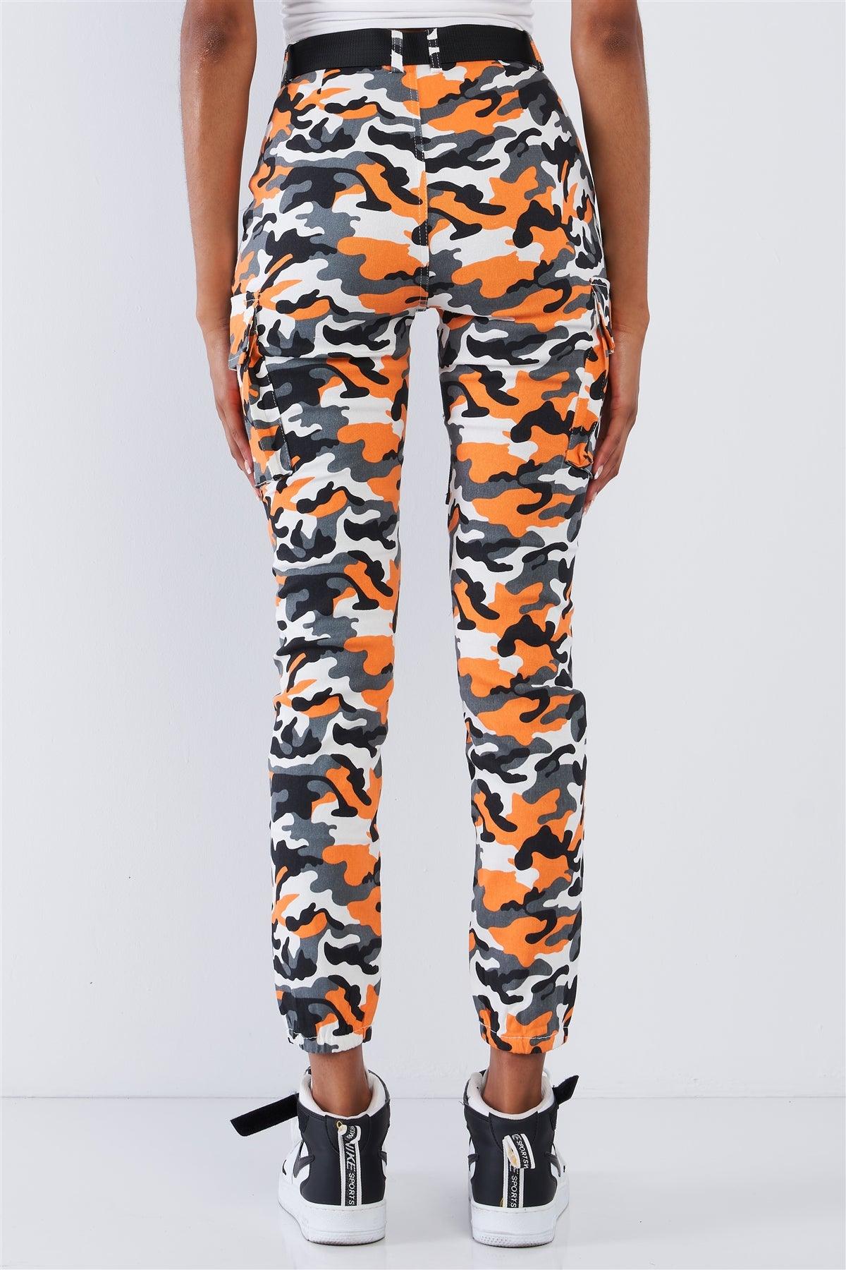 Orange Camouflage High Waisted Plastic Black Side Buckle In Release Belted Cargo Jogger Pants