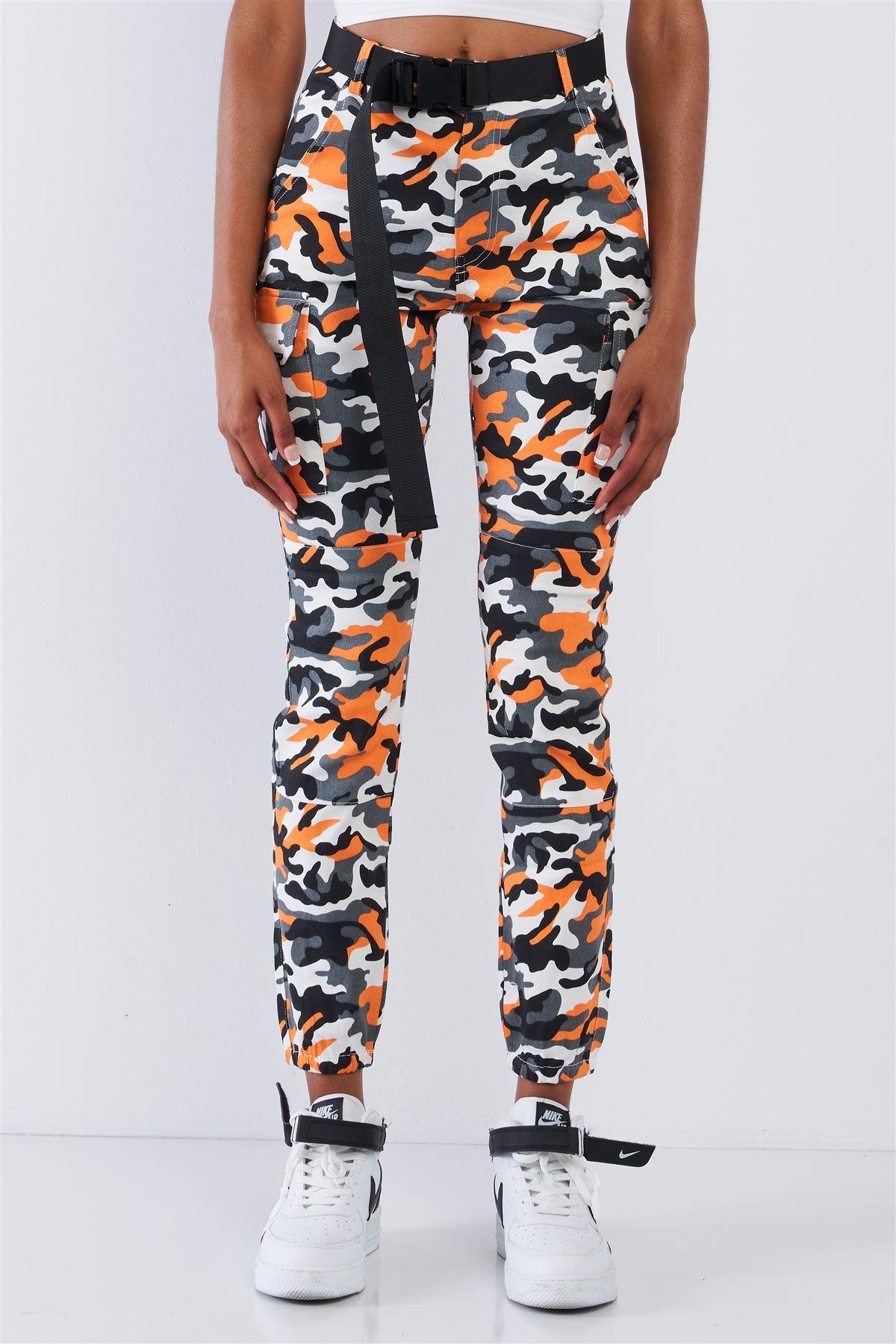 Orange Camouflage High Waisted Plastic Black Side Buckle In Release Belted Cargo Jogger Pants