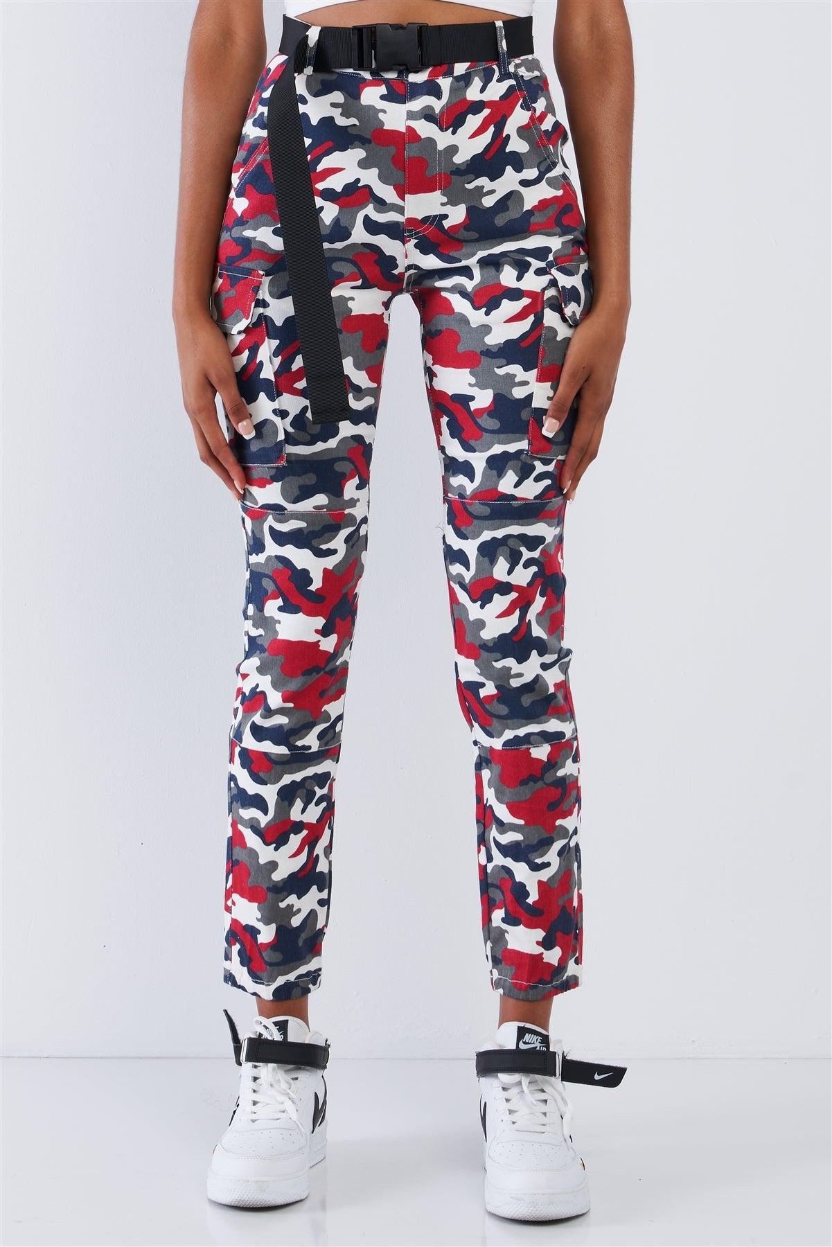 Red Camouflage High Waisted Plastic Black Side Buckle In Release Belted Cargo Jogger Pants