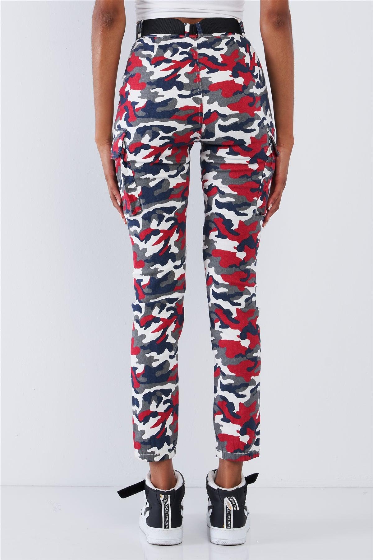 Red Camouflage High Waisted Plastic Black Side Buckle In Release Belted Cargo Jogger Pants
