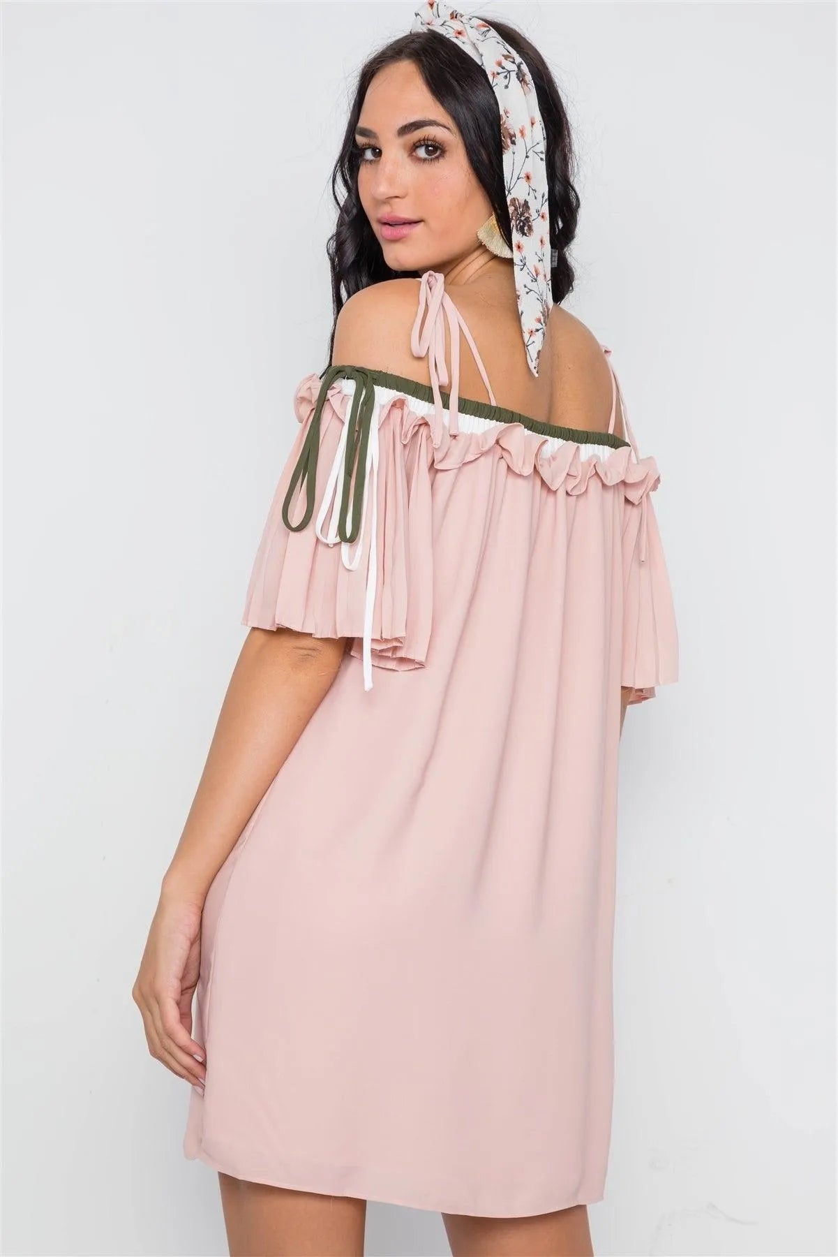 Blush Off The Shoulder Pleat Sleeves Mini Dress - Tasha Apparel Wholesale