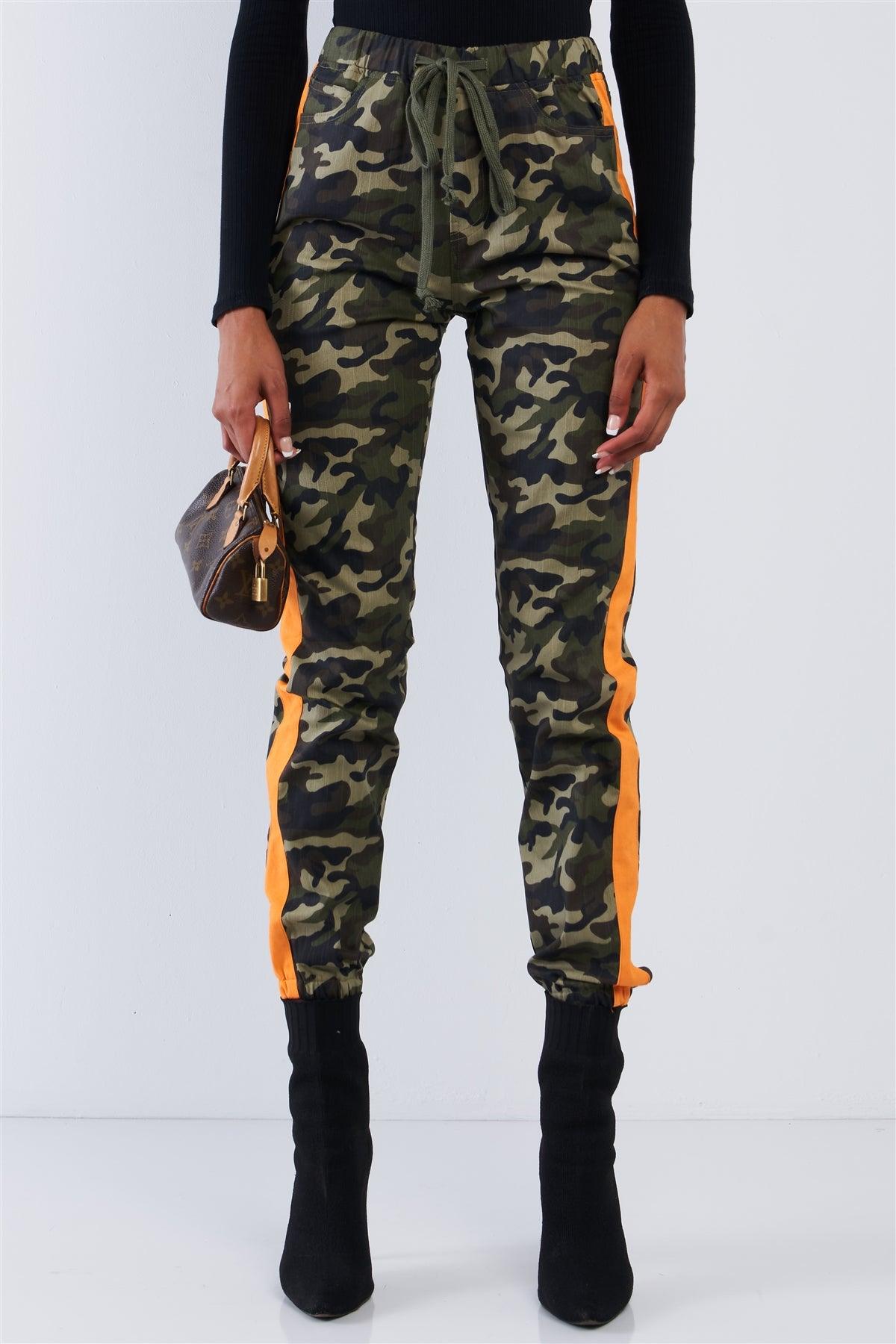 Olive Camouflage High Waisted Orange Striped Elastic Waist Draw String Cargo Pants