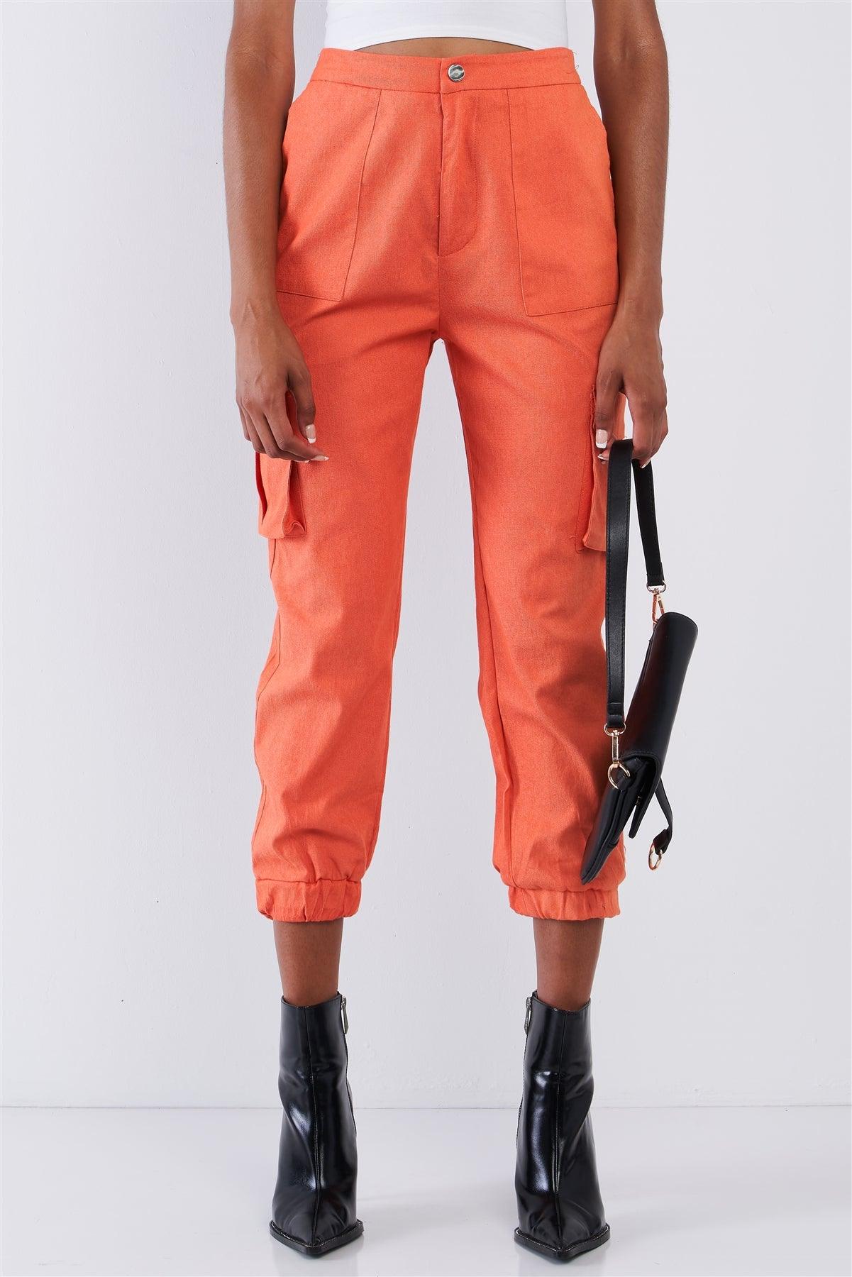 Tangerine Orange High Waisted Cargo Pocket Jogger Pants