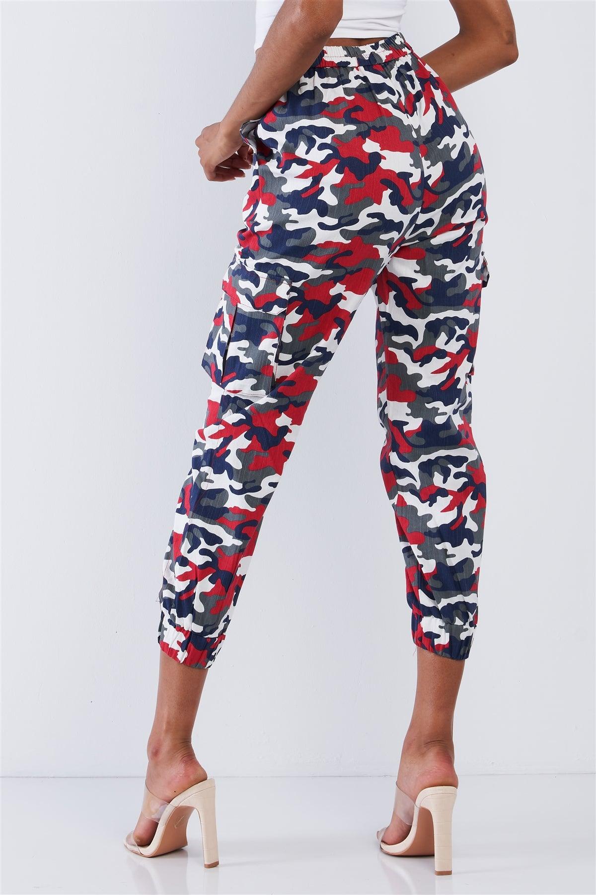 High Waisted Red & White & Blue Camouflage Cargo Jogger Pants