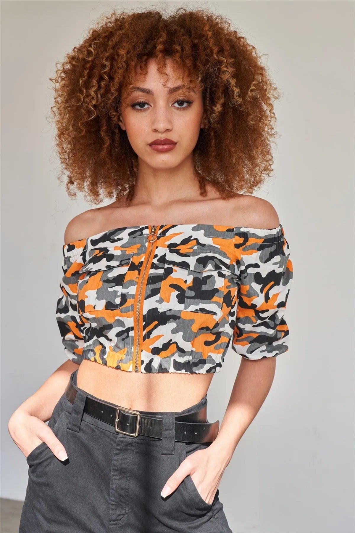 Orange Zipper Front Off The Shoulder Cargo Pocket Camouflage Print Crop Top /2-2-2 - Tasha Apparel Wholesale