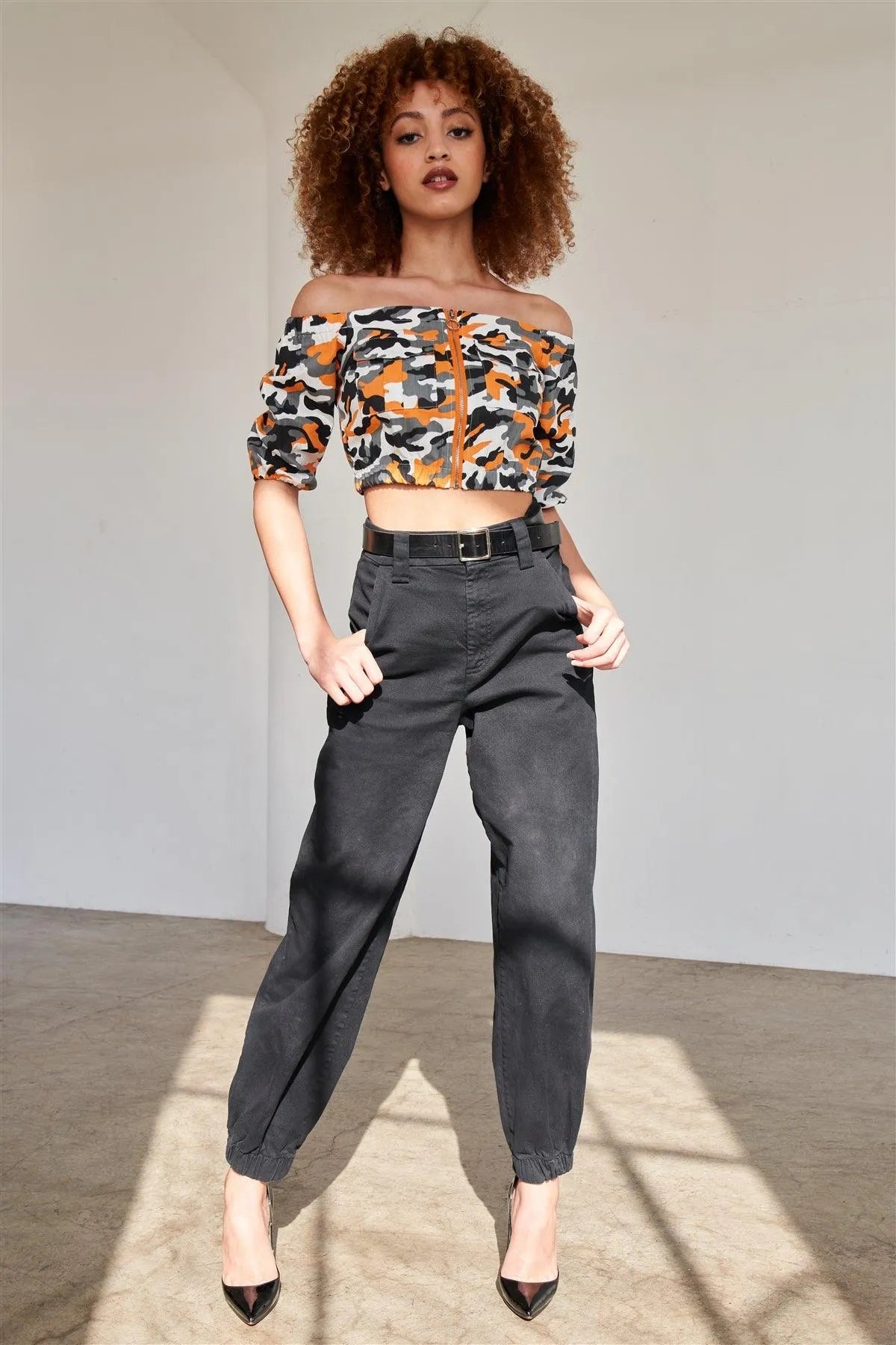 Orange Camo Print Off The Shoulder Cargo Crop Top - Tasha Apparel Wholesale