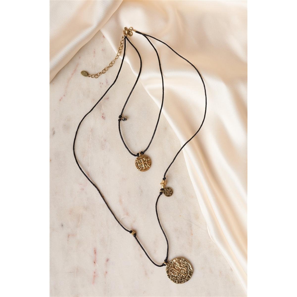 Black Gold Embossed Medallion Layered Choker Necklace /1 Pair