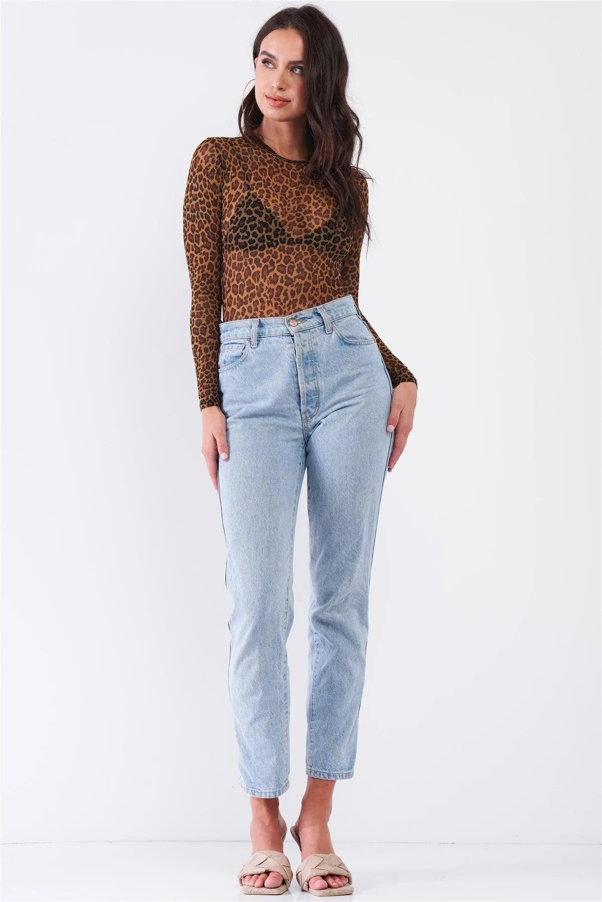 Leopard Print Sexy Fine Fishnet Sheer Mesh Crew Neck Long Sleeve Bodysuit /2-2-2 - Tasha Apparel Wholesale