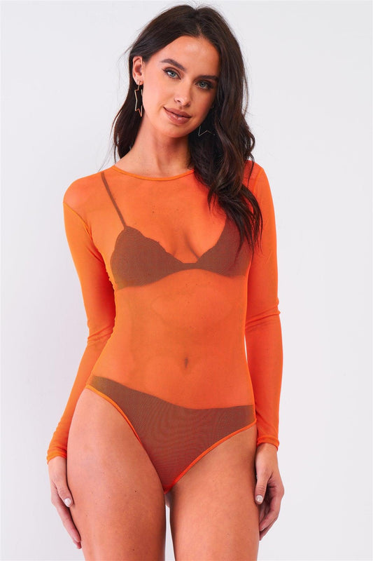 Neon Orange Sexy Fine Fishnet Sheer Mesh Crew Neck Long Sleeve Bodysuit /1-2-2-1