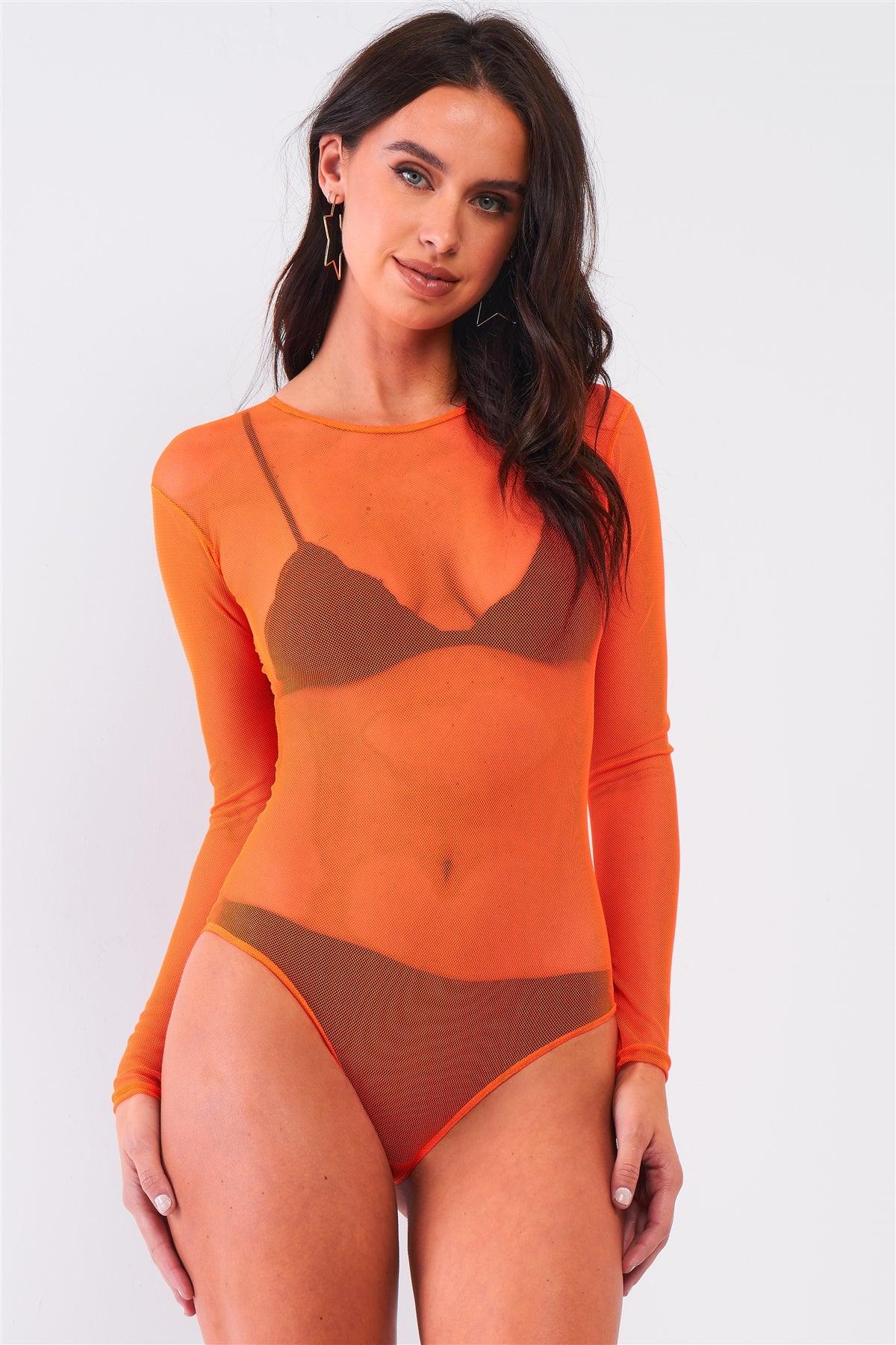 Neon Orange Sexy Fine Fishnet Sheer Mesh Crew Neck Long Sleeve Bodysuit