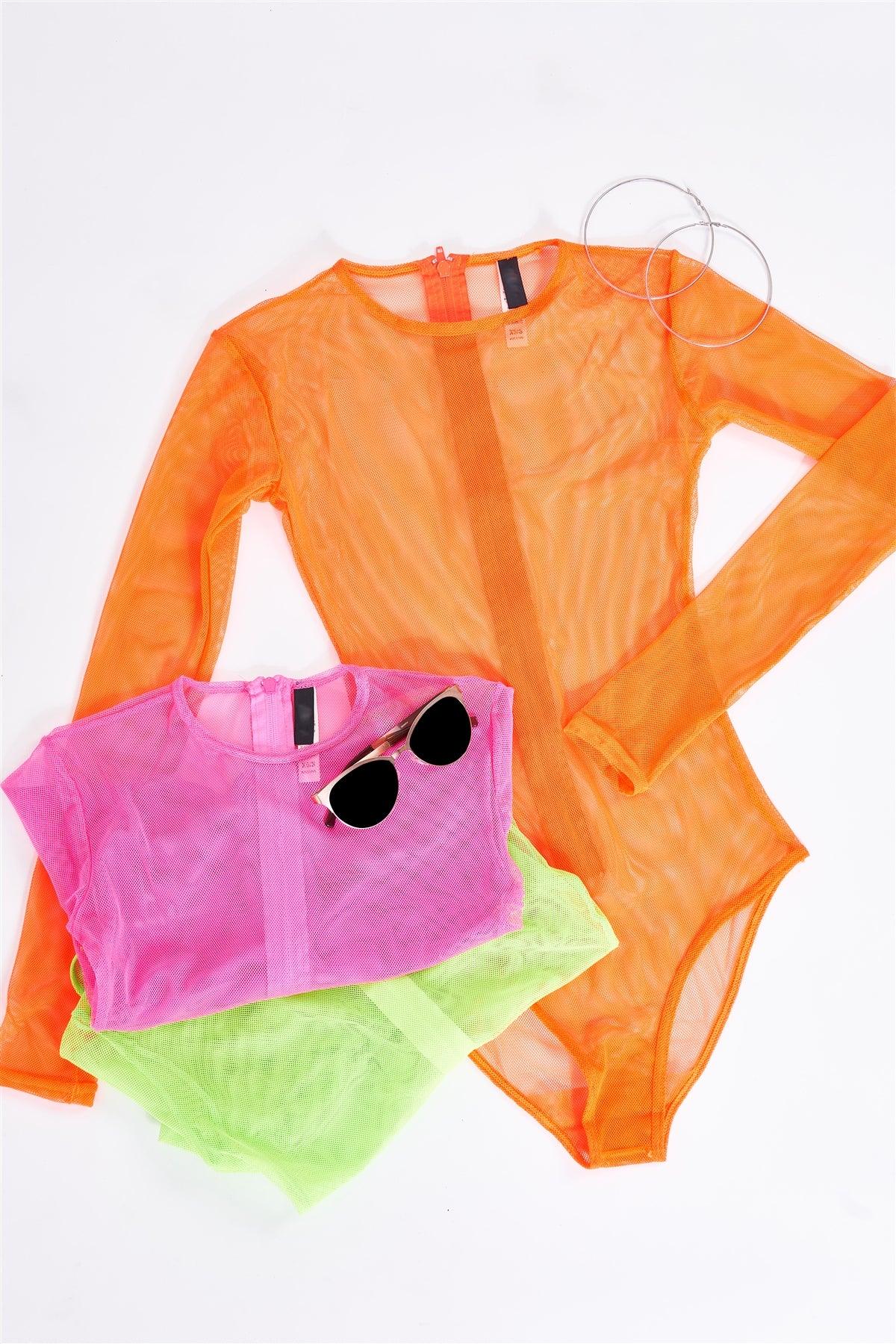 Neon Orange Sexy Fine Fishnet Sheer Mesh Crew Neck Long Sleeve Bodysuit