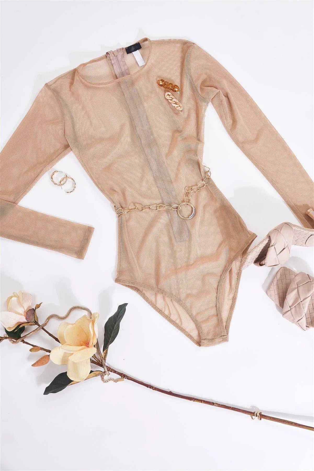 Nude Sexy Fine Fishnet Sheer Mesh Crew Neck Long Sleeve Bodysuit Nude Sexy Fine Fishnet Sheer Mesh Crew Neck Long Sleeve Bodysuit