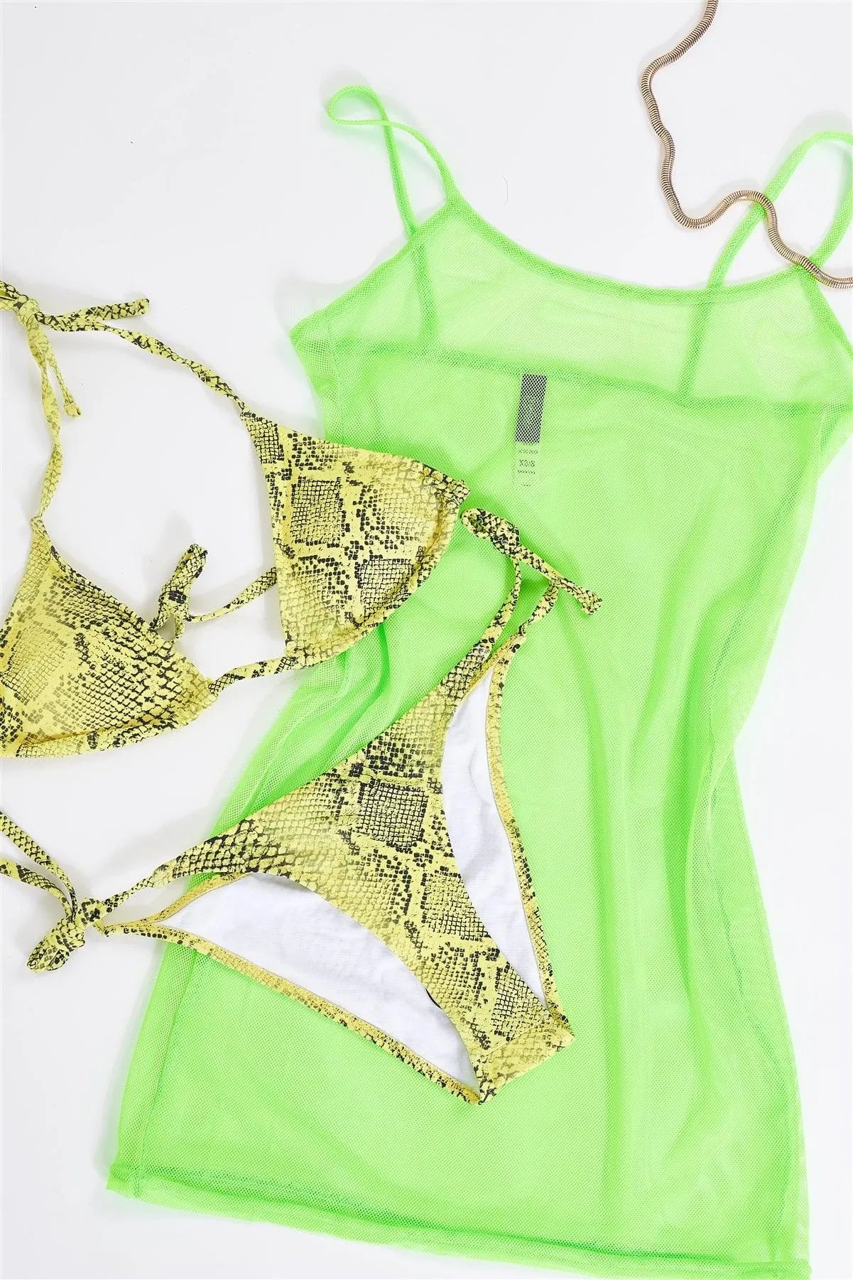 Neon Green Sexy Sheer Mesh Sleeveless Round Neck Mini Dress /2-2-1 - Tasha Apparel Wholesale