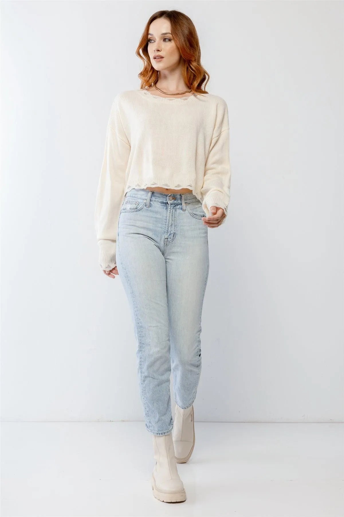 Cream Knit Distressed Detail Long Sleeve Crop Sweater /3-2-1 - Tasha Apparel Wholesale