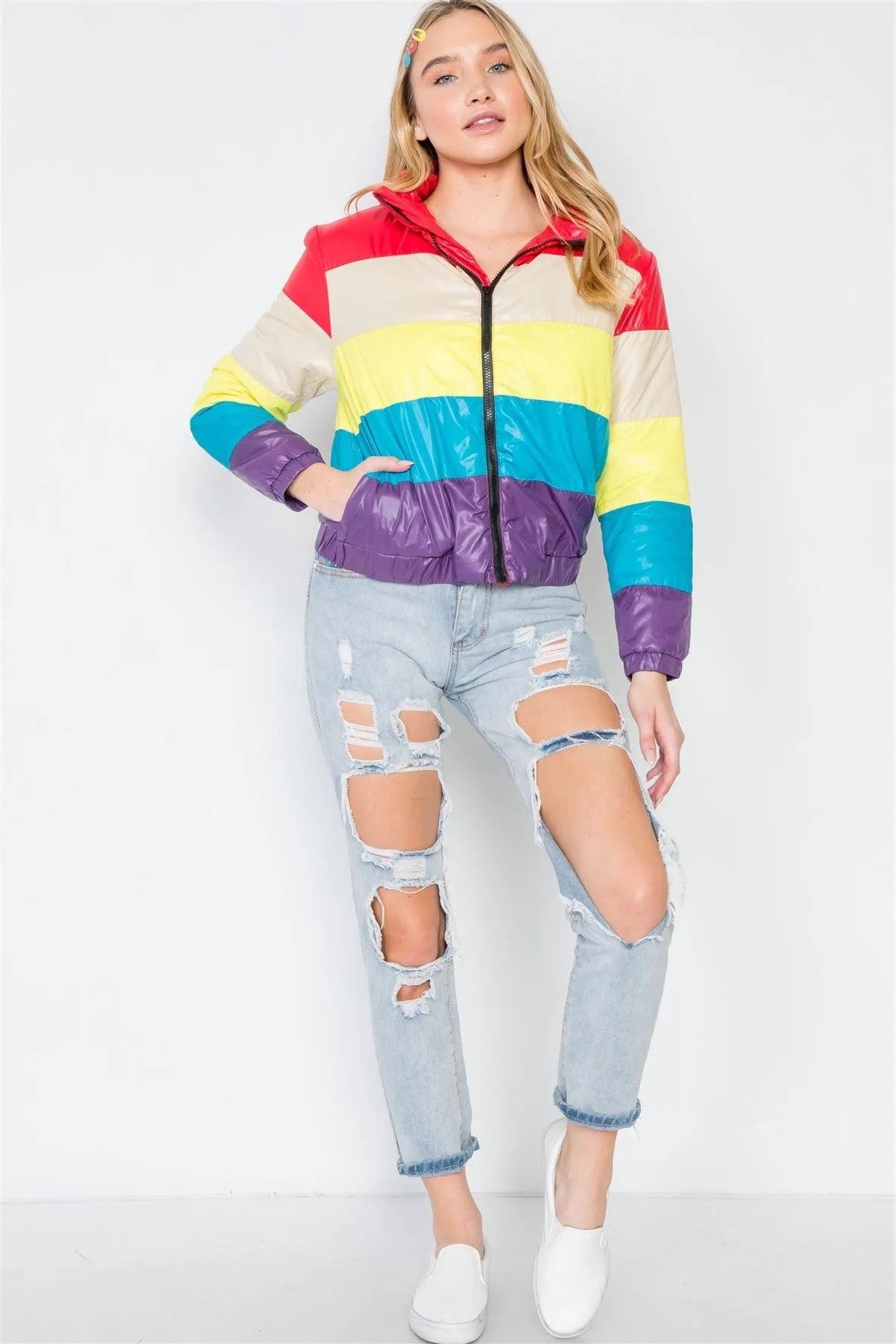 Red Multi Colorblock Zip-Up Puffer Jacket / 2-2-2 - Tasha Apparel Wholesale