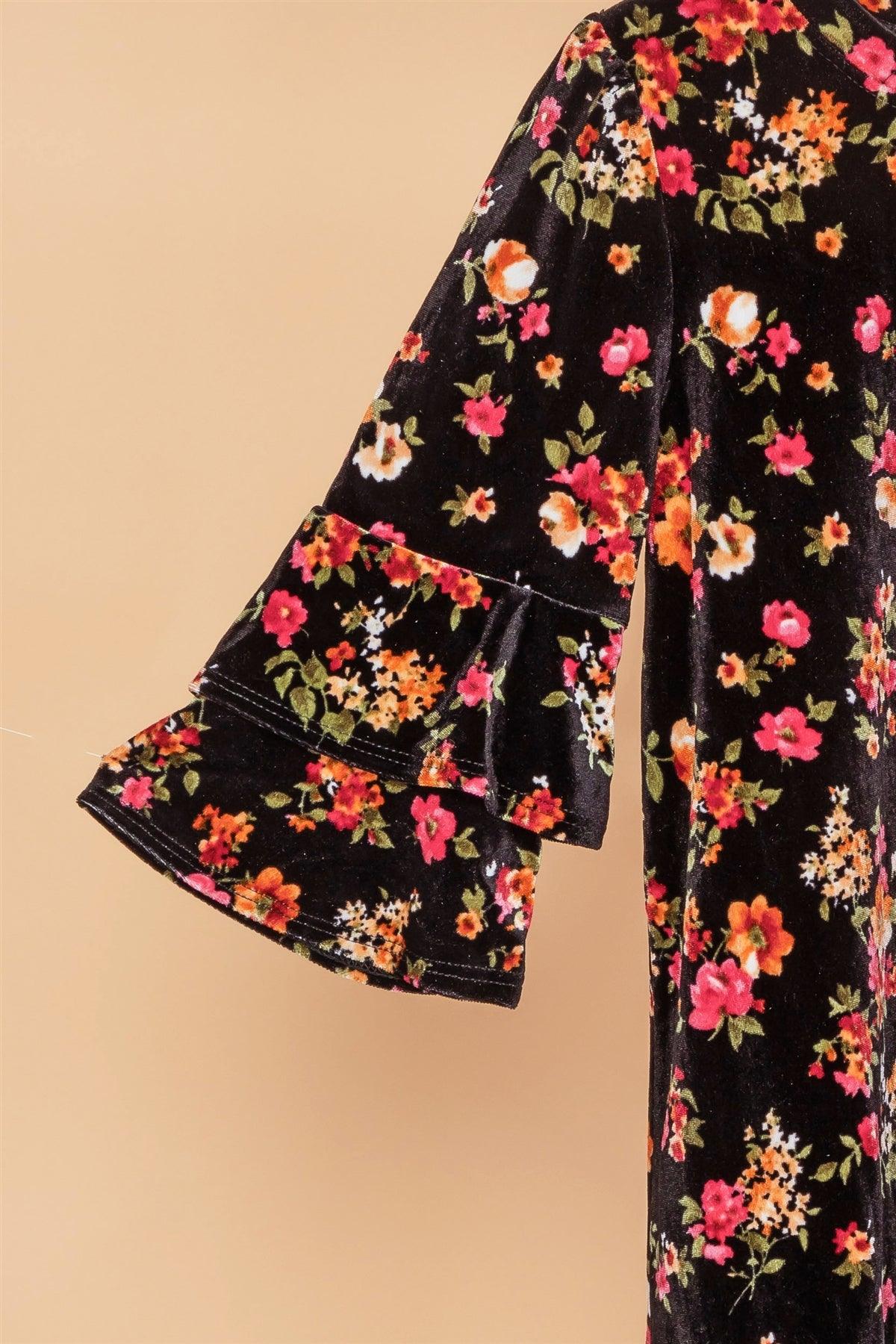 Toddler Girls Black Velvet Floral Ruffle Sleeves Dress