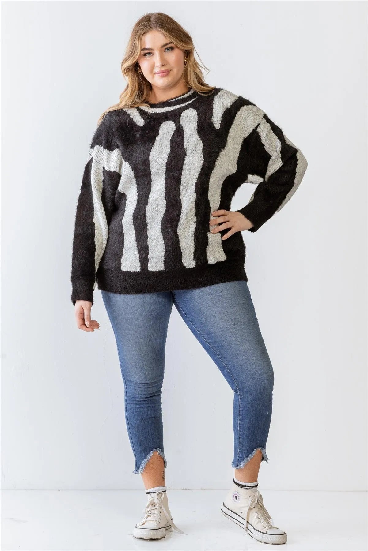 Plus Size Knit Fuzzy Zebra Animal Print Sweater /3-2-1 - Tasha Apparel Wholesale