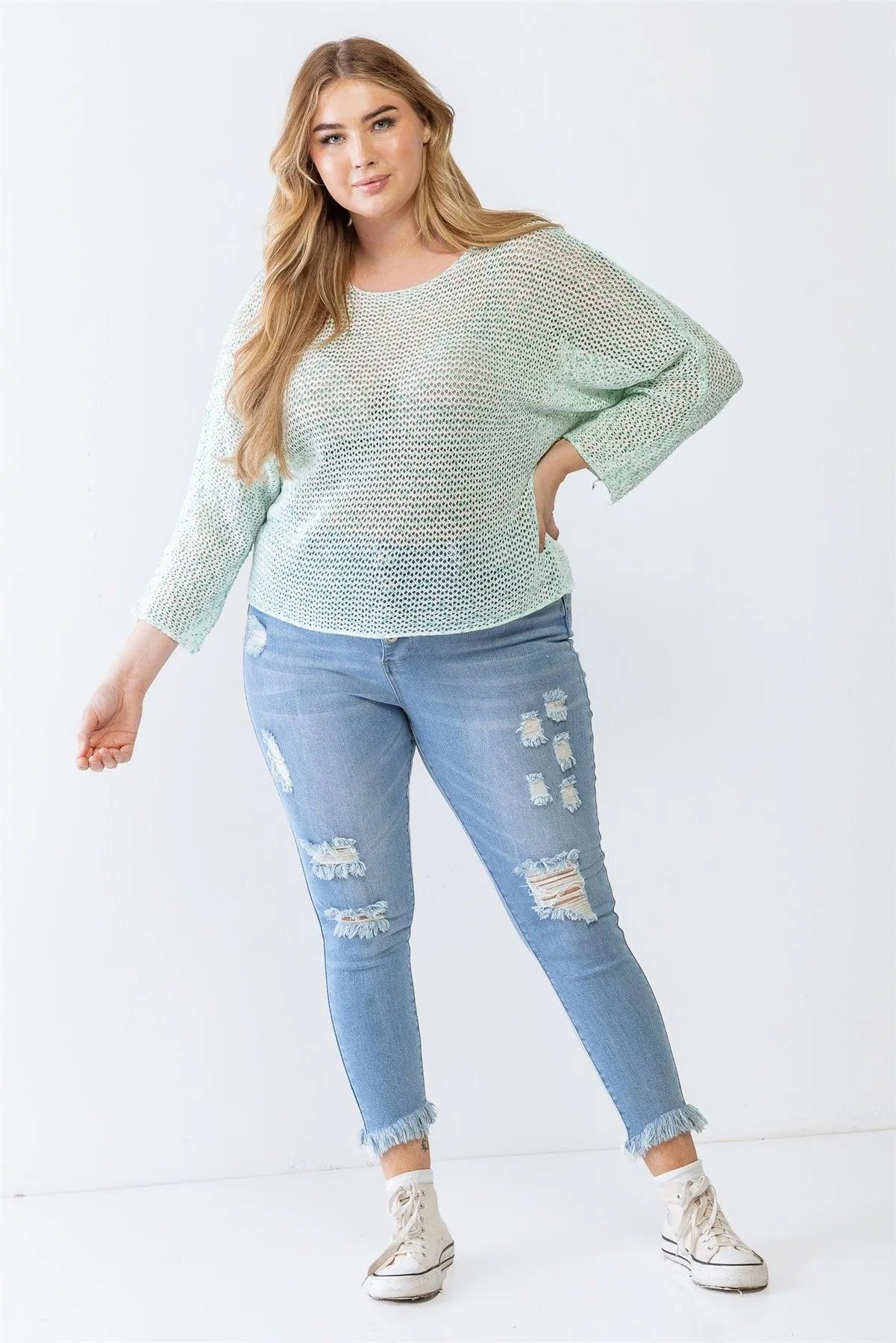 Plus Size Breezy Mint Open-Knit Sweater /3-2-1 - Tasha Apparel Wholesale