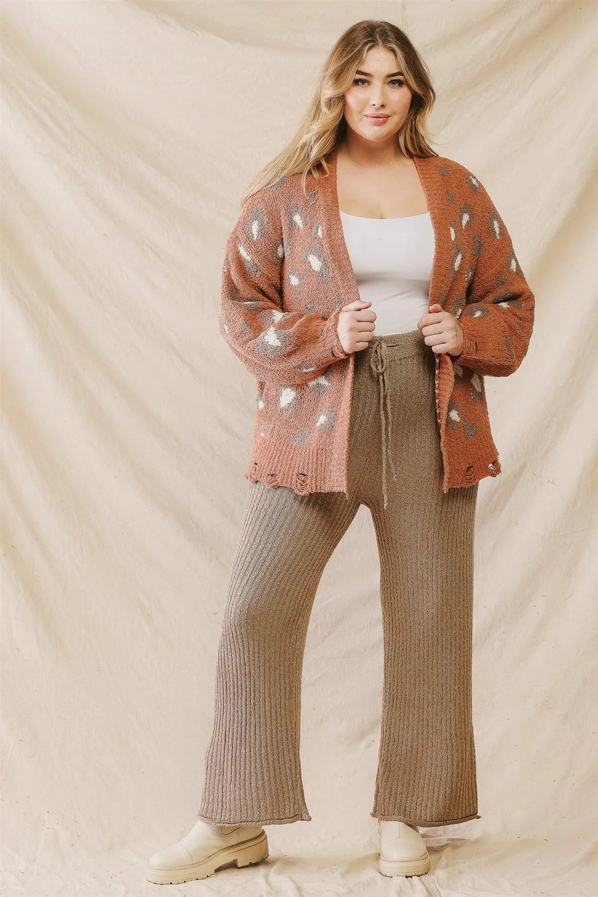 Junior Plus Camel Cow Print Distressed Hem Soft To Touch Open Front Cardigan /3-2-1 - Tasha Apparel Wholesale