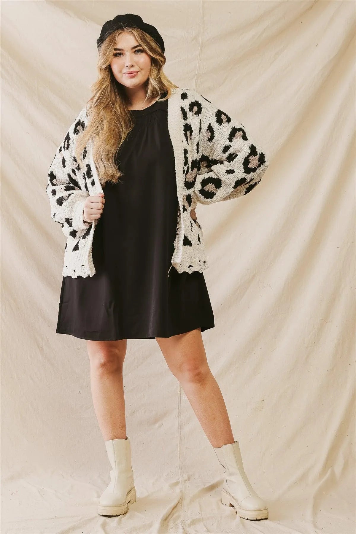 Junior Plus Cream Cow Print Distressed Hem Soft To Touch Open Front Cardigan /1-1-2 - Tasha Apparel Wholesale