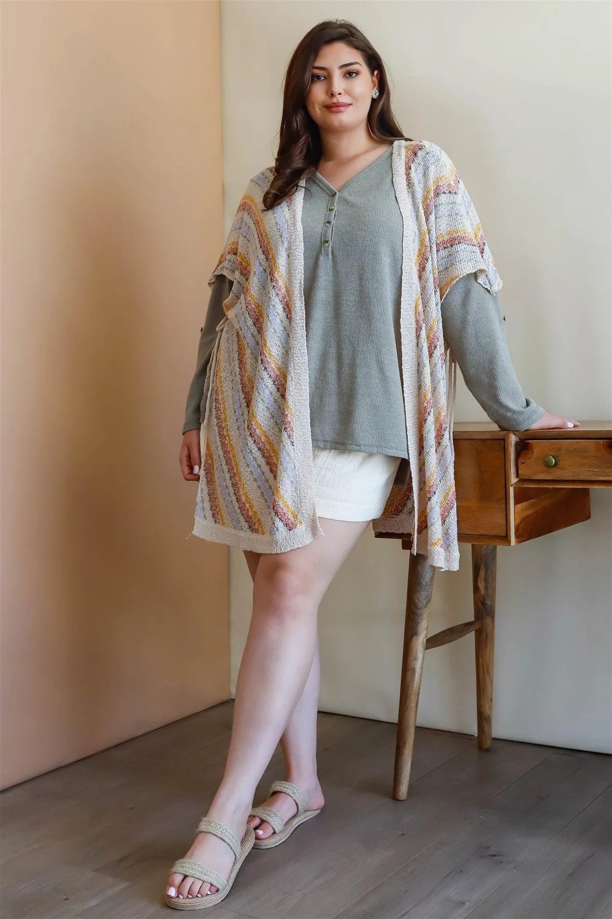 Junior Plus Natural Multi Color Open Front Self-Tie Detail Cardigan /3-2-1 - Tasha Apparel Wholesale